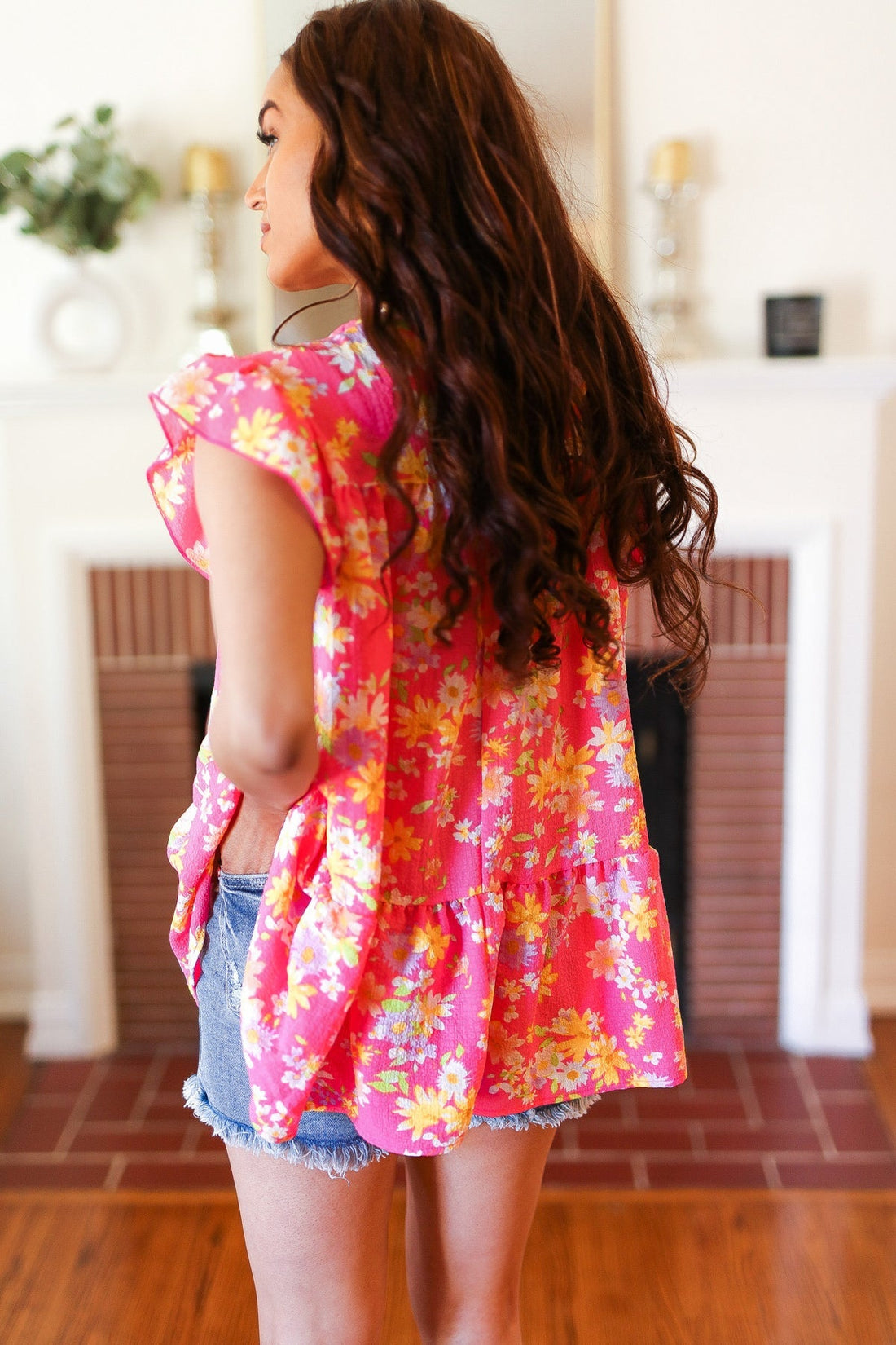 Diva Pink Floral Yoke Flutter Sleeve Keyhole Back Top (Open Pack)