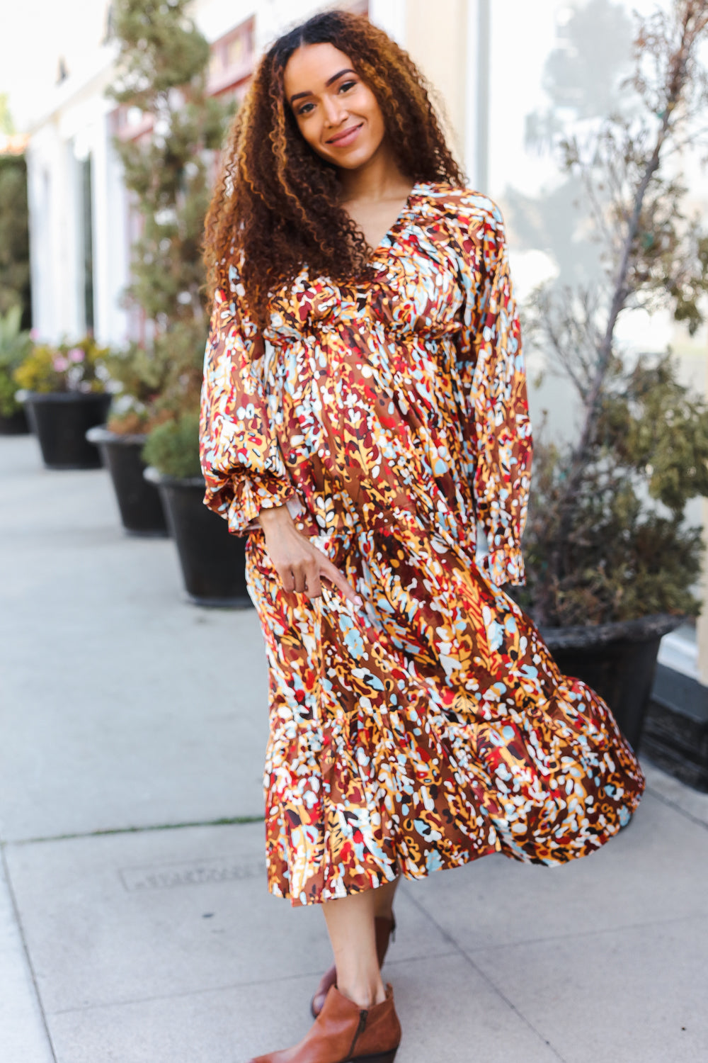 Feeling Femme Mocha Floral Print V Neck Satin Maxi Dress (Open Pack)