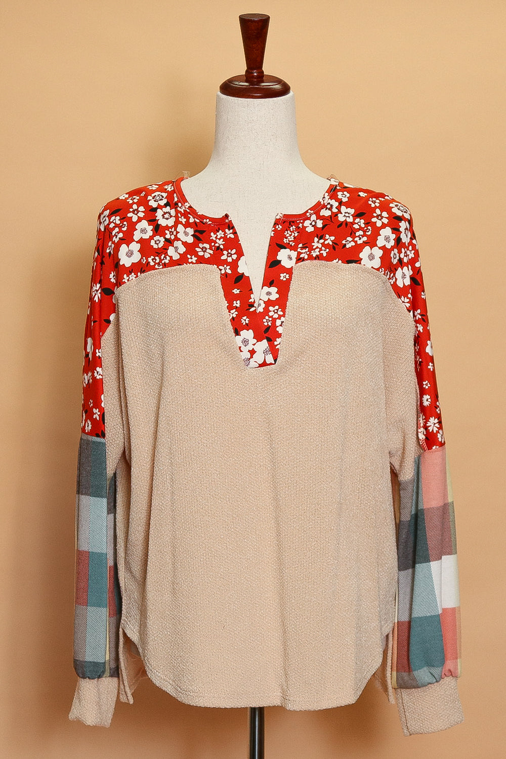 Taupe Floral Plaid Top