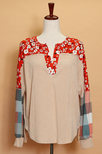Taupe Floral Plaid Top