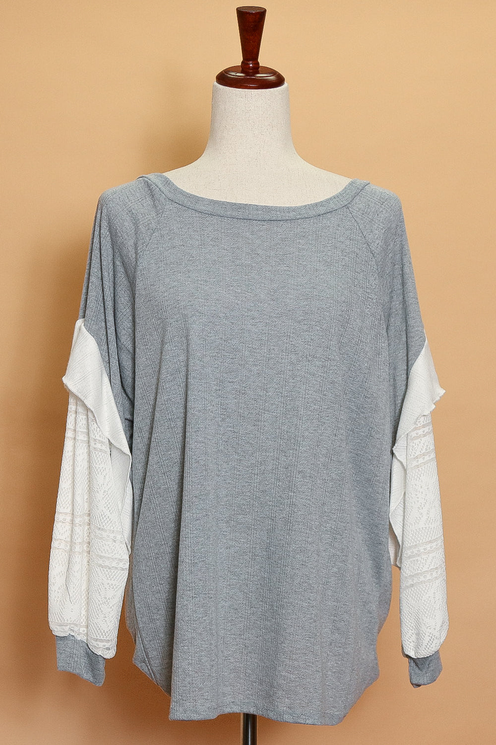 Grey Pointelle Lace Sleeve Sweater (5pc)