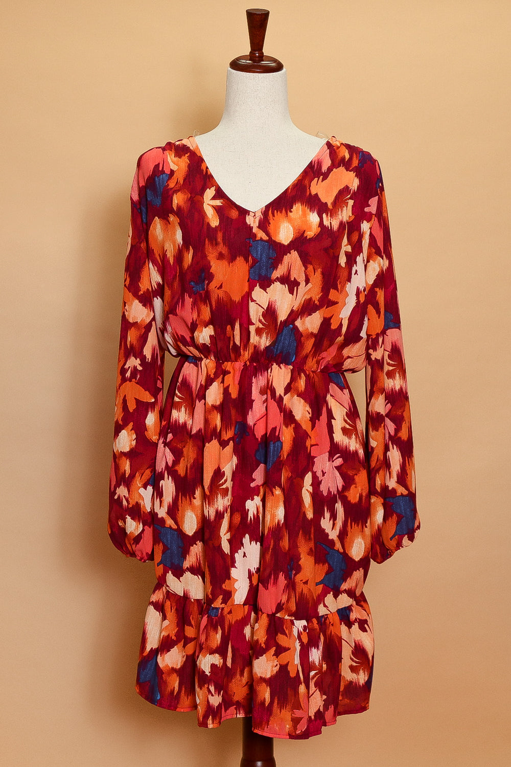 Abstract Floral Cinch Waist Autumn Dress