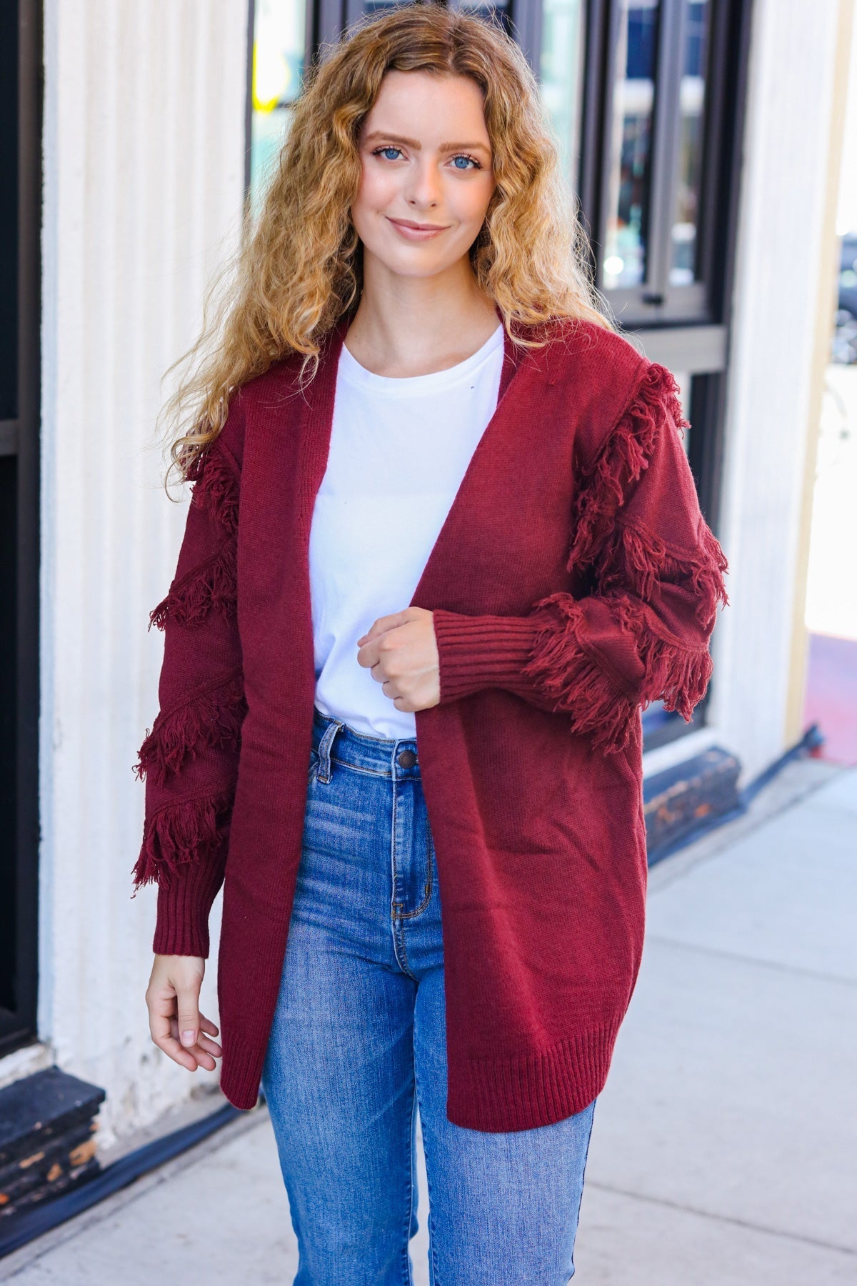 Beautiful You Burgundy Fringe Detail Knit Cardigan (Open Pack)