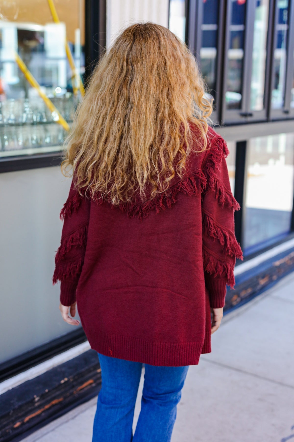 Beautiful You Burgundy Fringe Detail Knit Cardigan (Open Pack)
