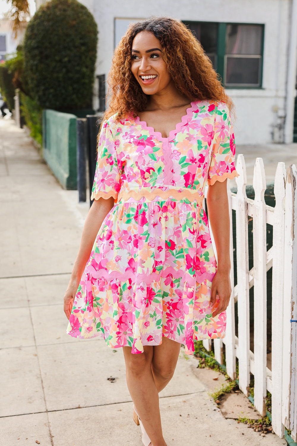 Beautiful You Rose Floral Print Ric Rack Trim Babydoll Dress (Open Pack)