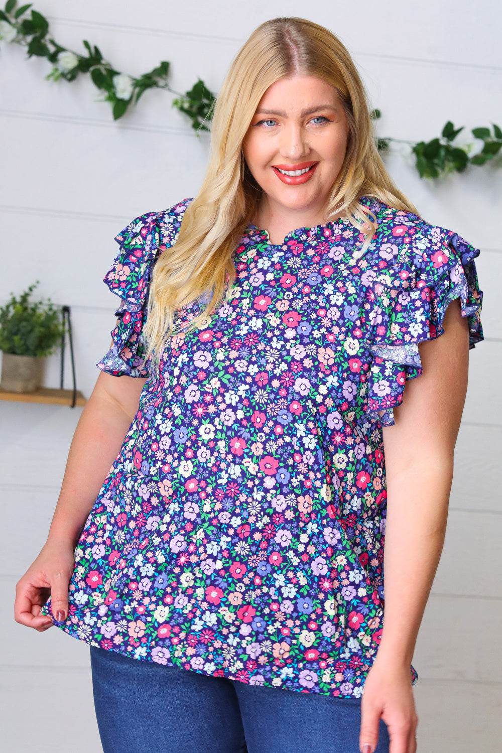 Navy Floral Mock Neck Flutter Sleeve Top (Open Pack)
