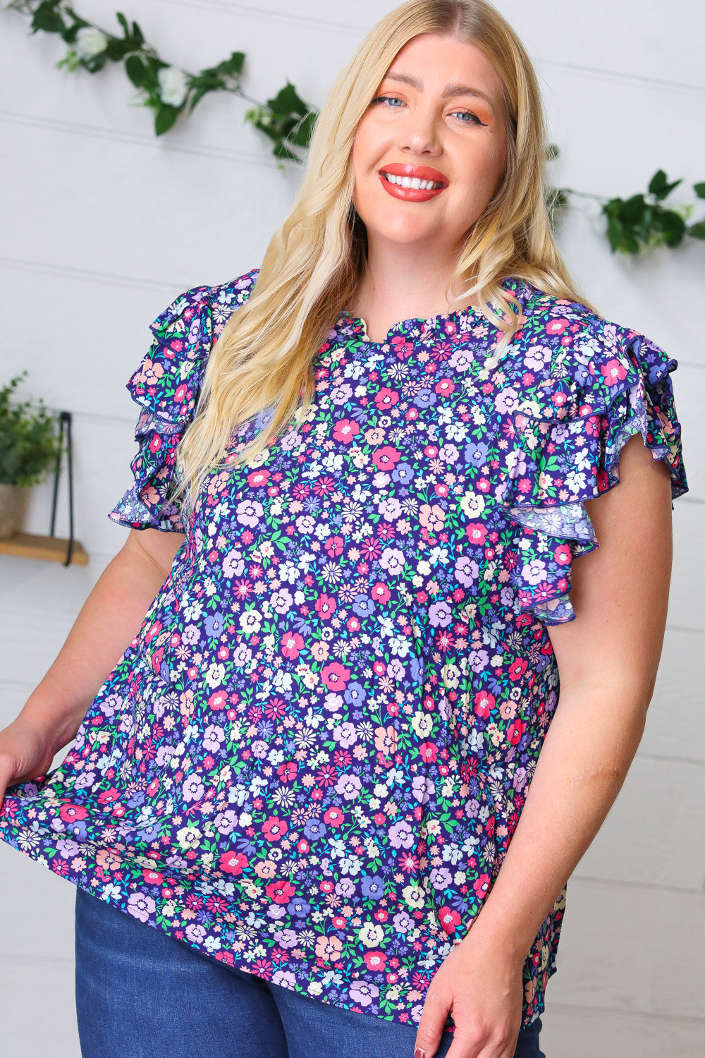 Navy Floral Mock Neck Flutter Sleeve Top (Open Pack)