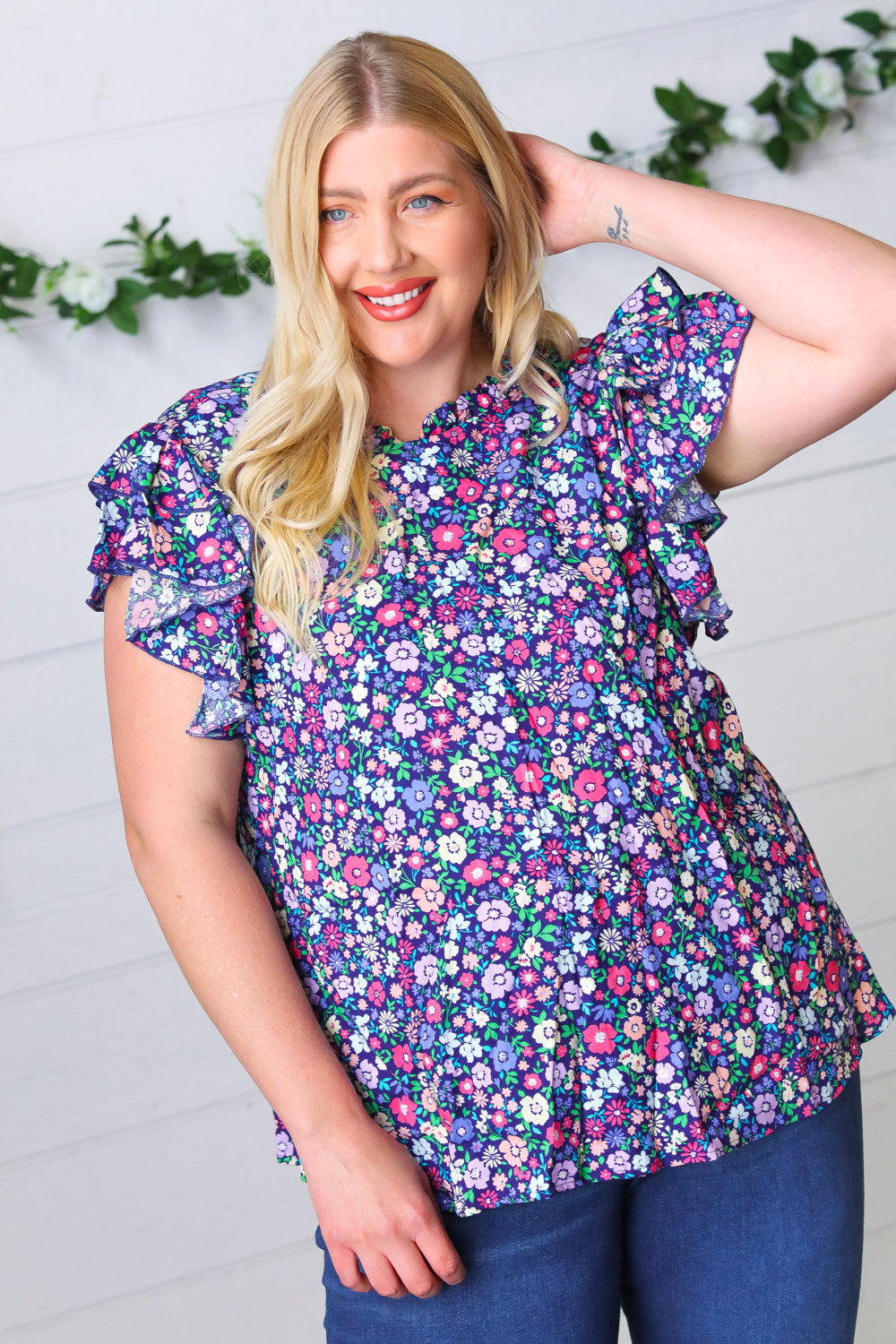 Navy Floral Mock Neck Flutter Sleeve Top (Open Pack)
