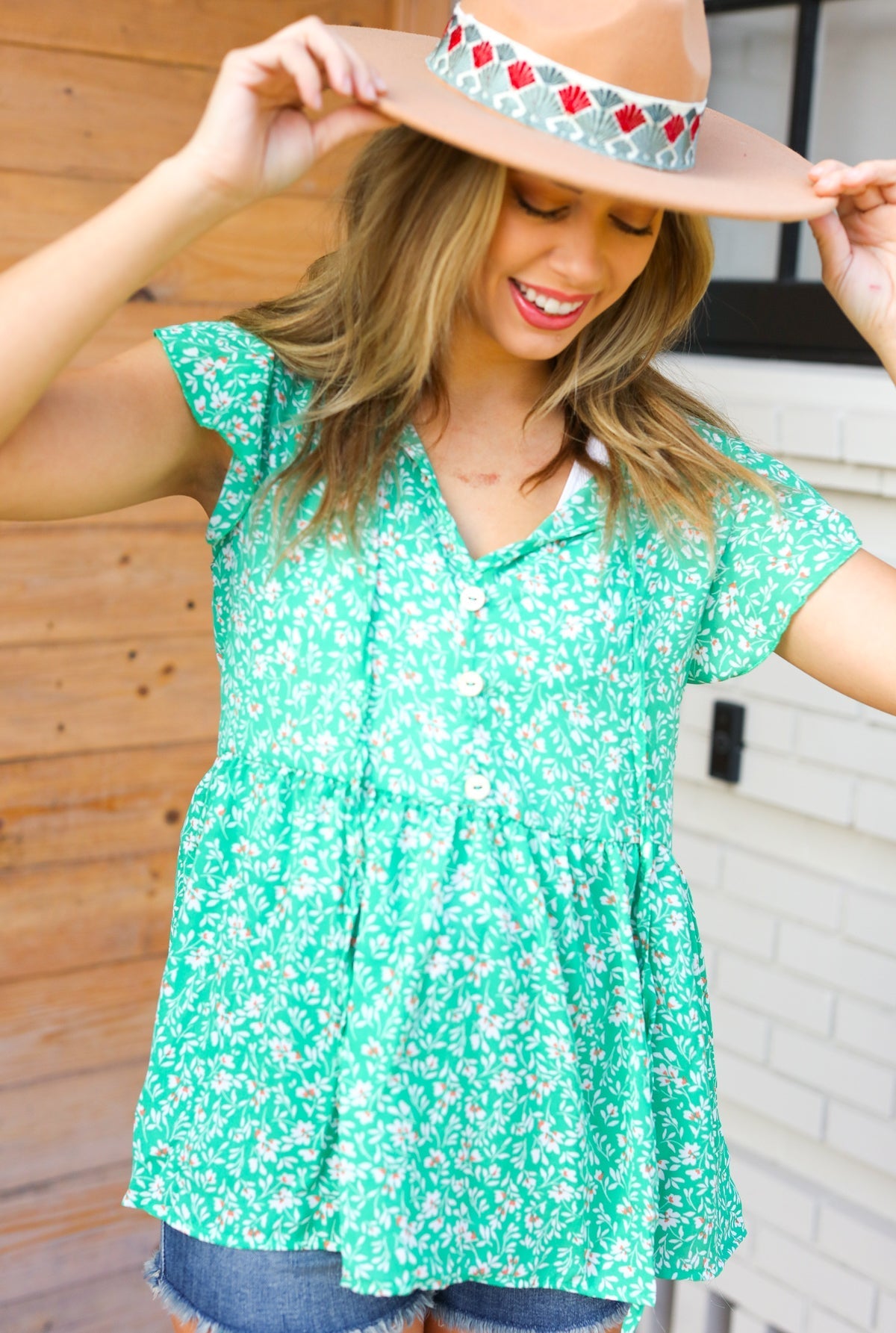 Green Floral Button Tie Neck Babydoll Top (Open Pack)