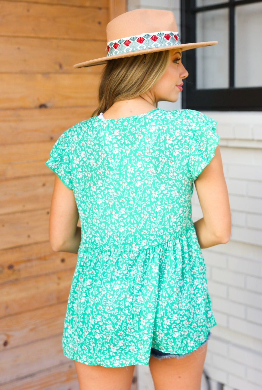 Green Floral Button Tie Neck Babydoll Top (Open Pack)