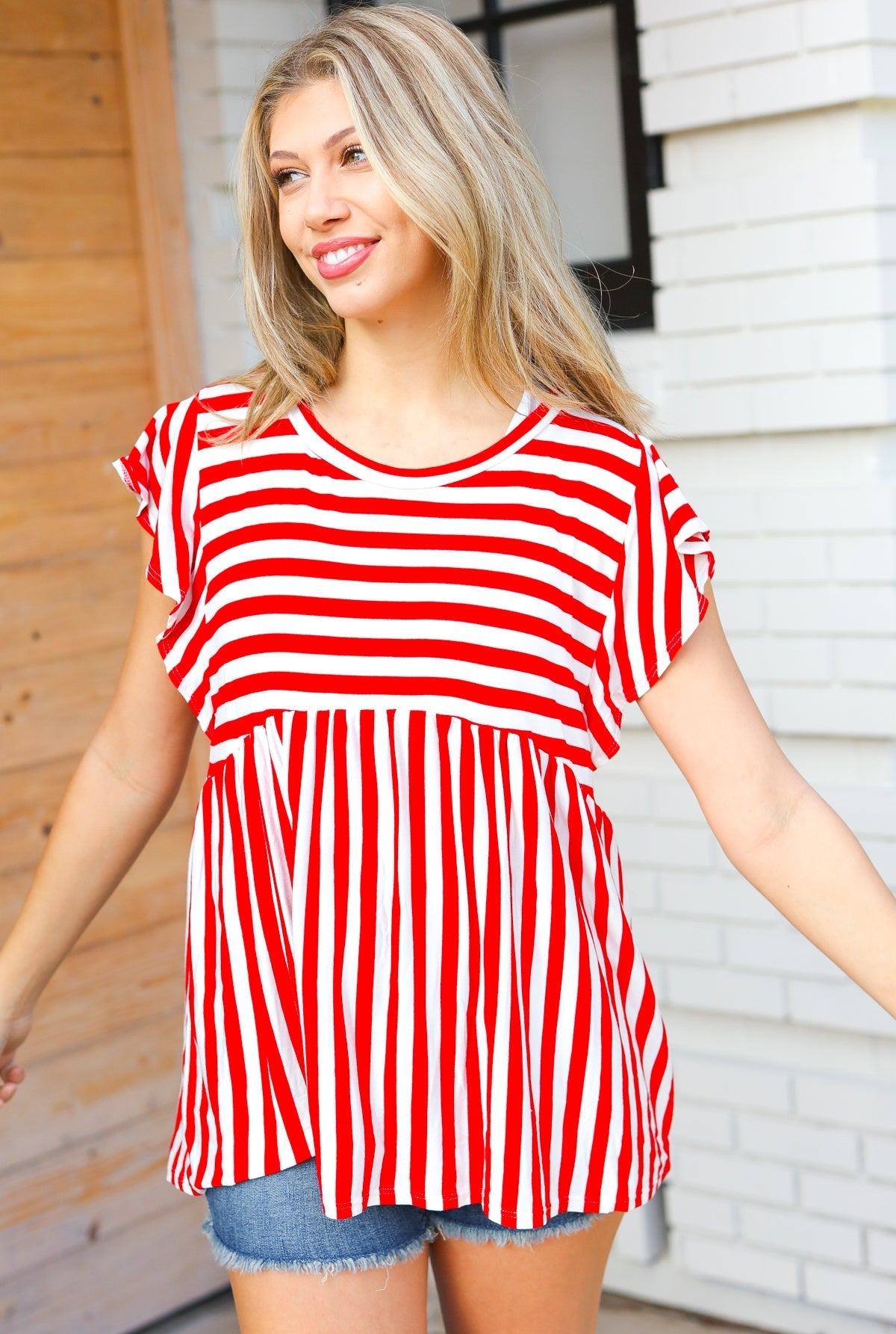 Red Stripe Babydoll Flutter Sleeve Top (Open Pack)
