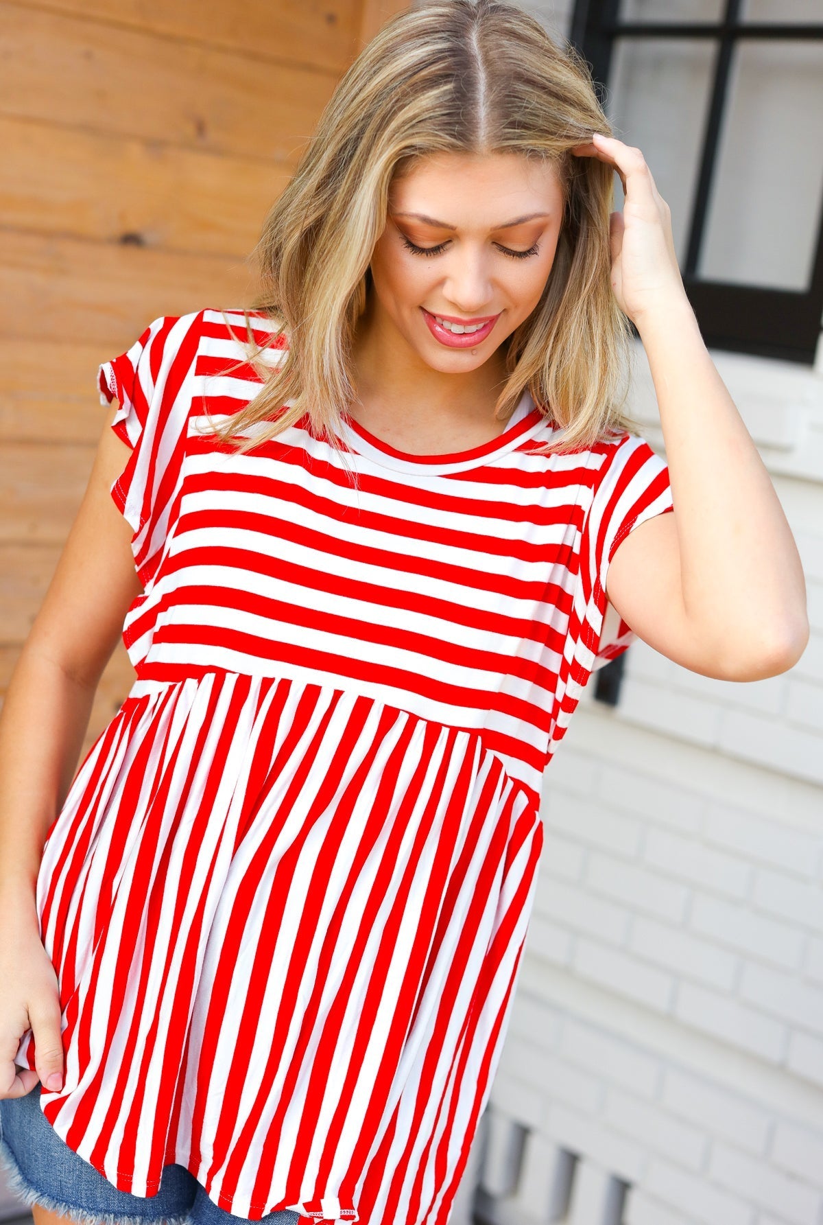 Red Stripe Babydoll Flutter Sleeve Top (Open Pack)