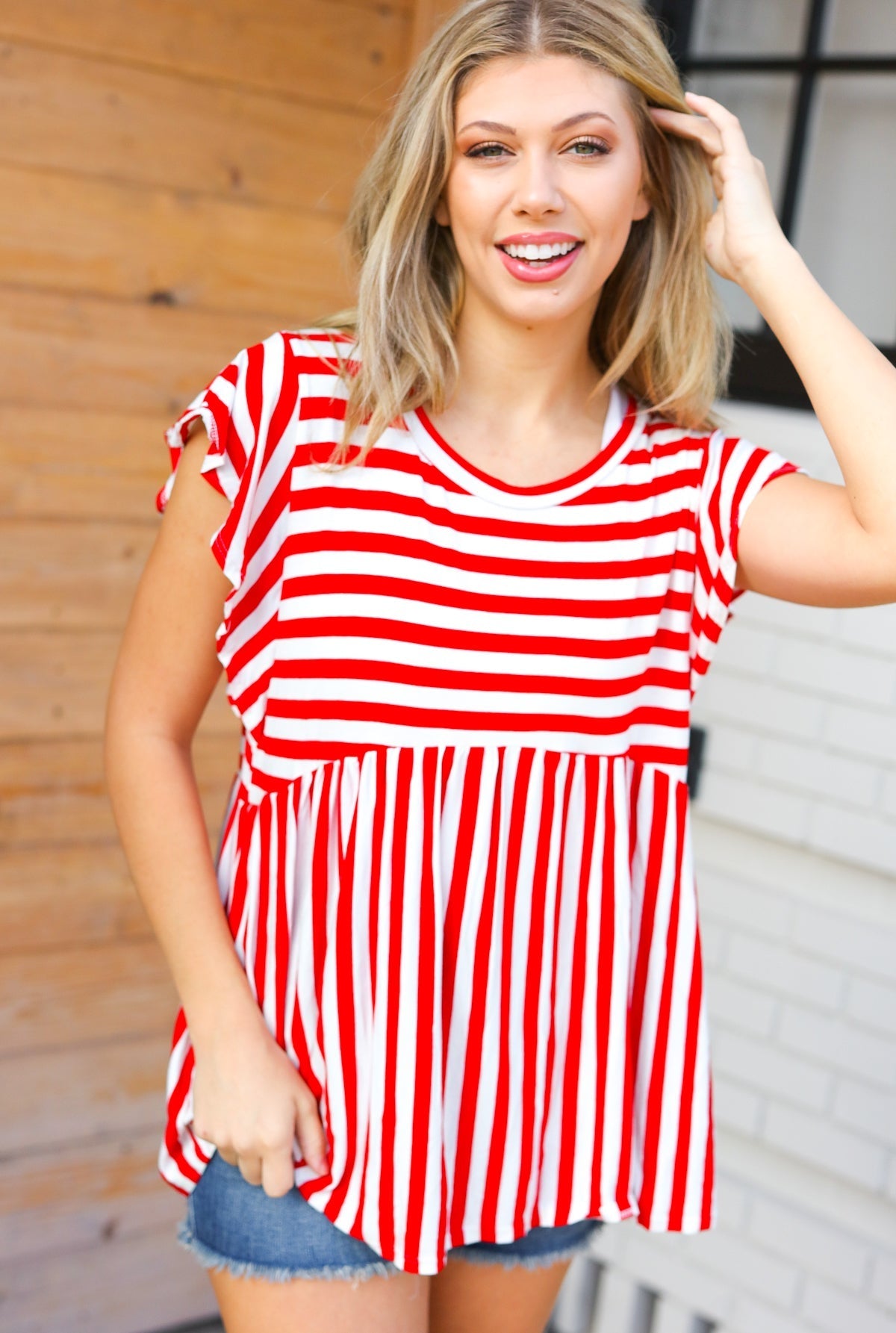 Red Stripe Babydoll Flutter Sleeve Top (Open Pack)