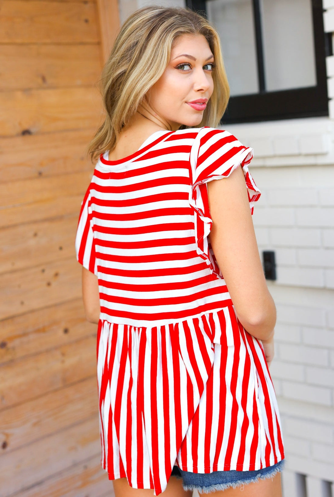 Red Stripe Babydoll Flutter Sleeve Top (Open Pack)