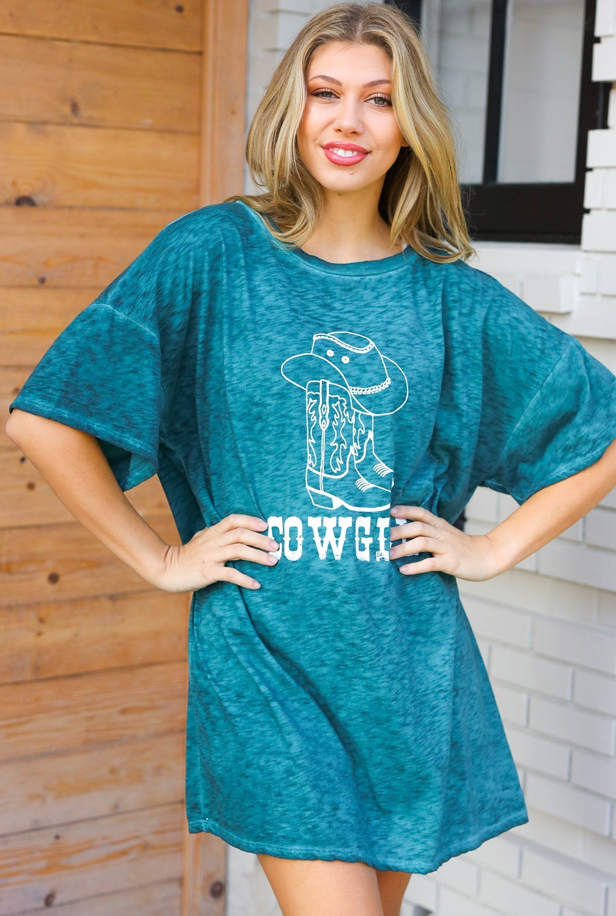 Emerald Cotton Blend COWGIRL Graphic Long Tee (Open Pack)