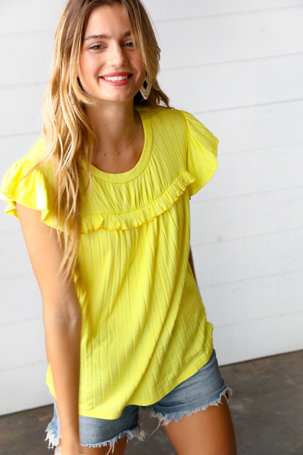 Yellow Wide Rib Frilled Short Sleeve Yoke Top (Open Pack)