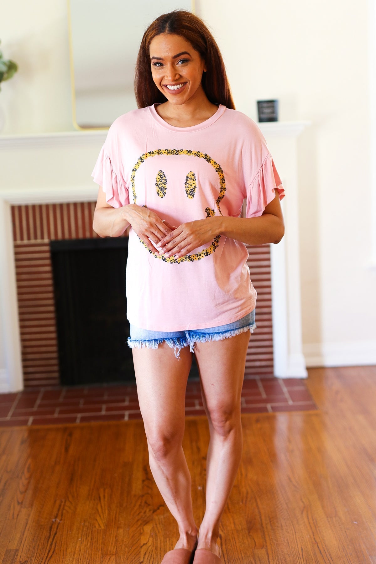 Live For Today Pink Floral Smiley Face Flutter Sleeve Tee (Open Pack)