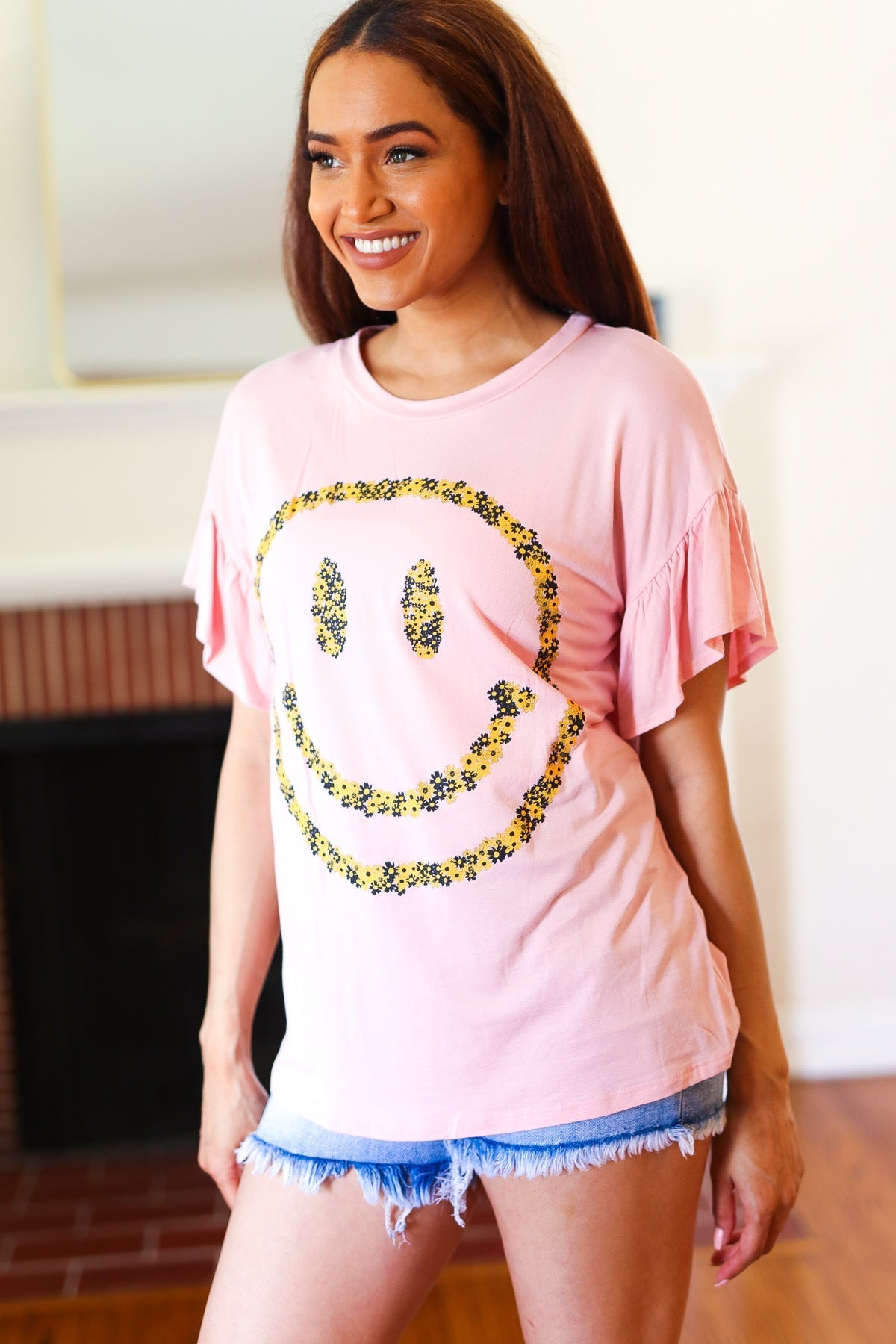 Live For Today Pink Floral Smiley Face Flutter Sleeve Tee (Open Pack)
