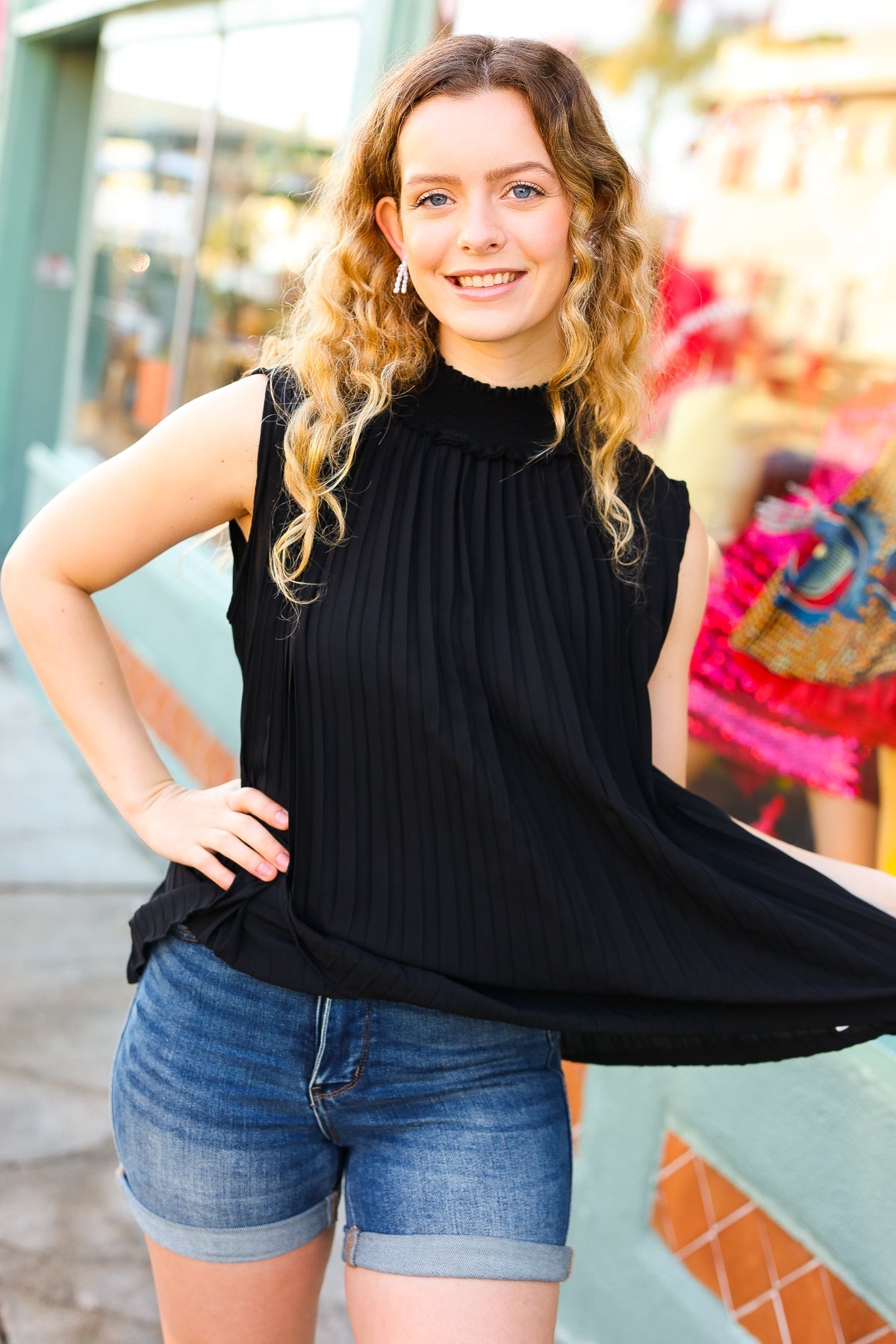 Sweet New Days Black Smocked Neck Pleated Sleeveless Top (Open Pack)