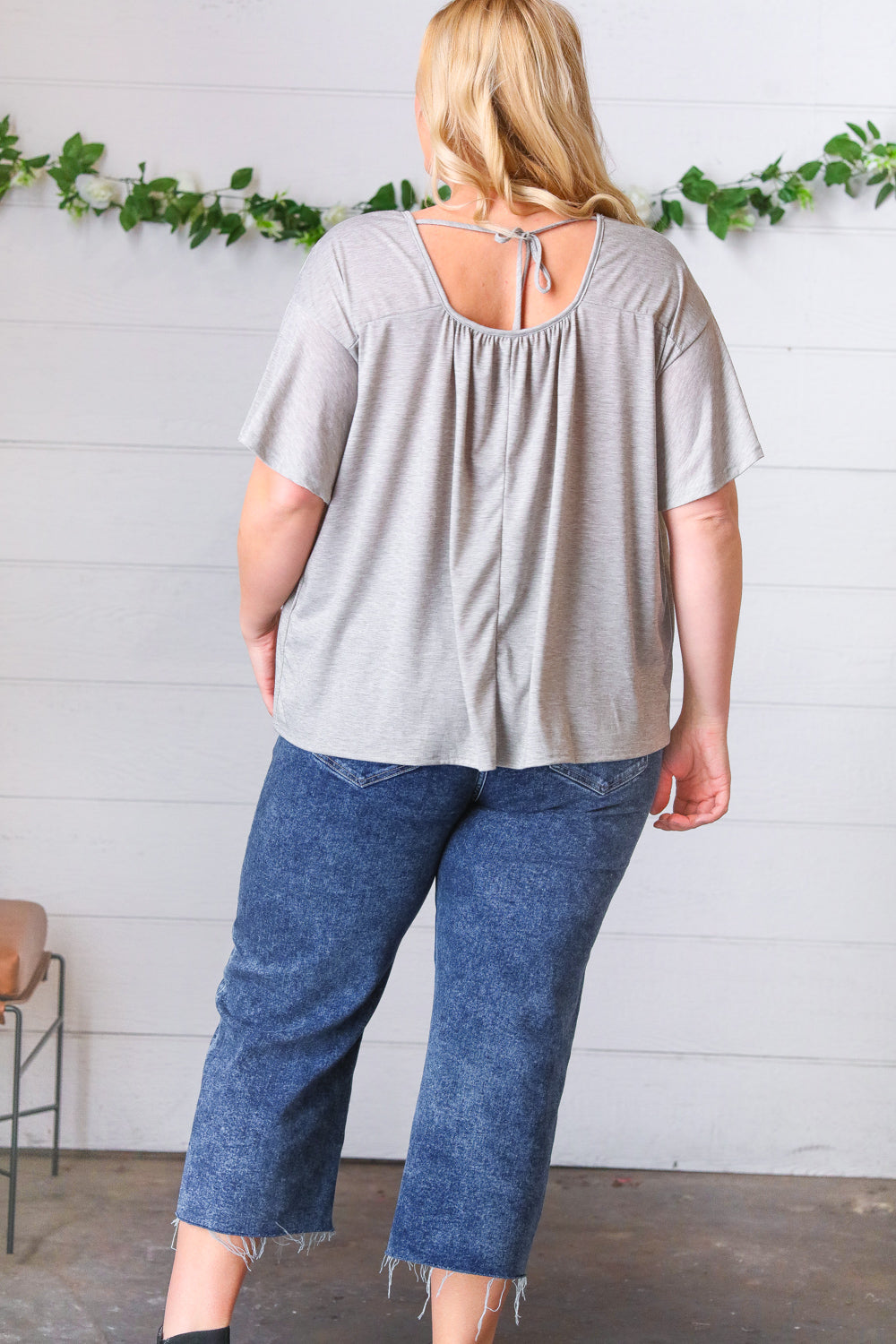 Grey Tie Back Crochet Square Neck Top (Open Pack)