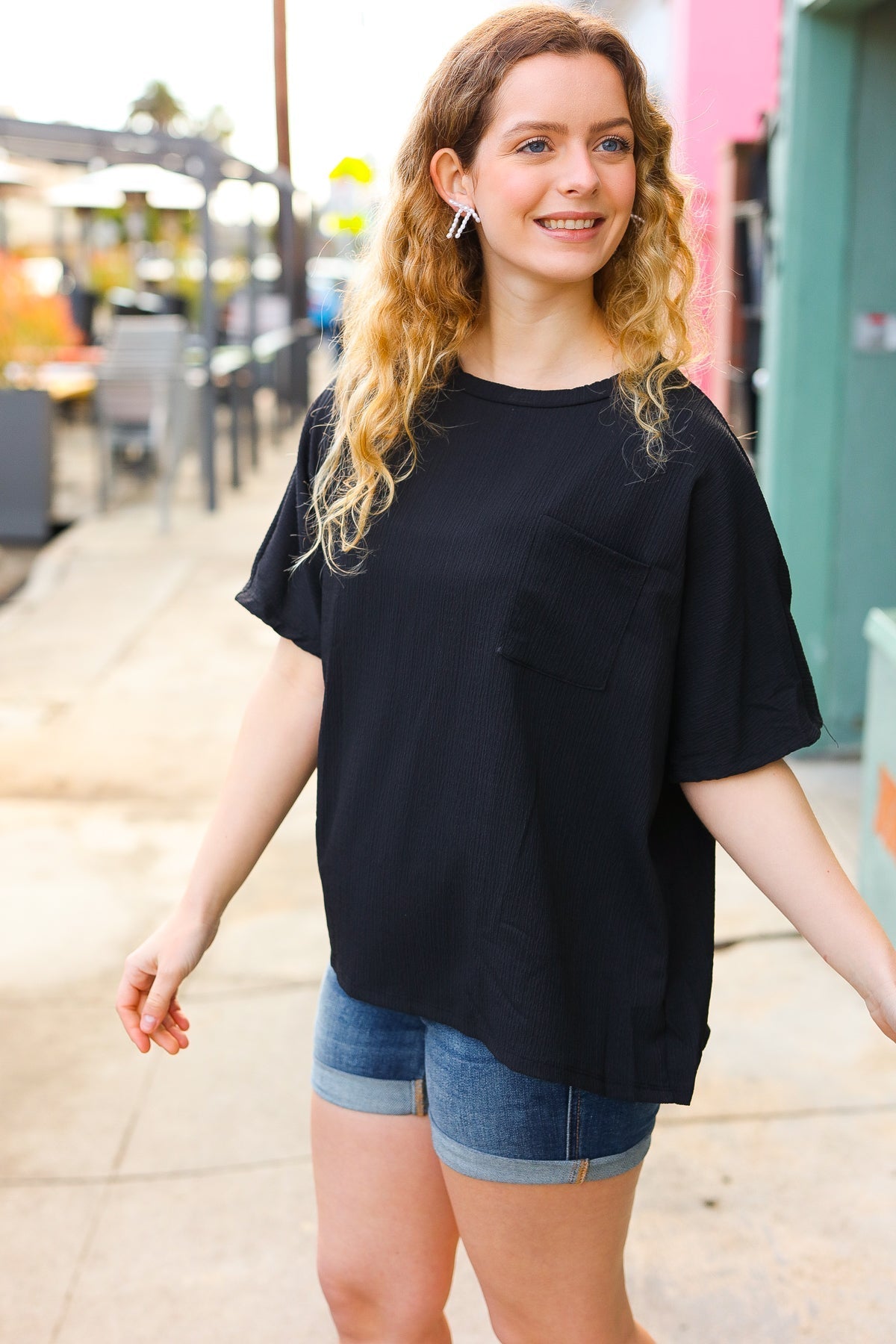Be Bold Black Crinkle Texture Pocketed Dolman Top (Open Pack)