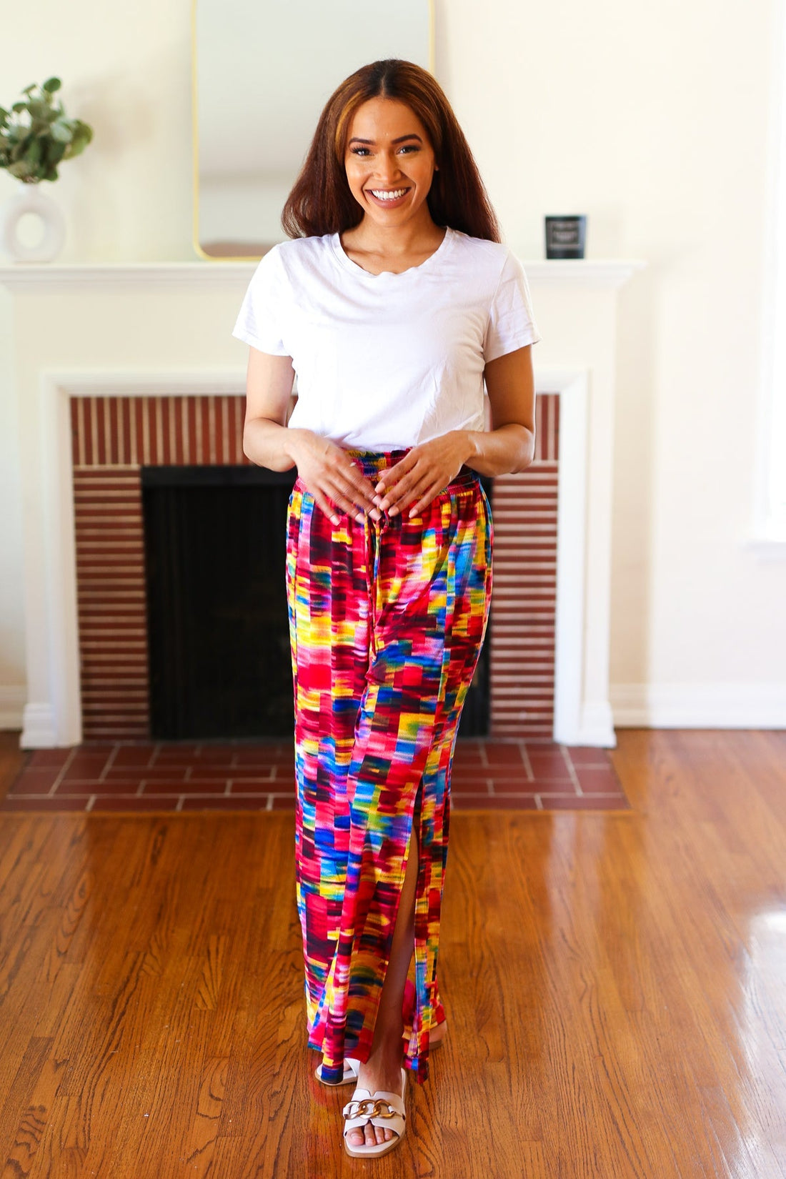 Vacay Vibes Kaleidoscope Smocked Waist Side Slit Palazzo Pants (Open Pack)