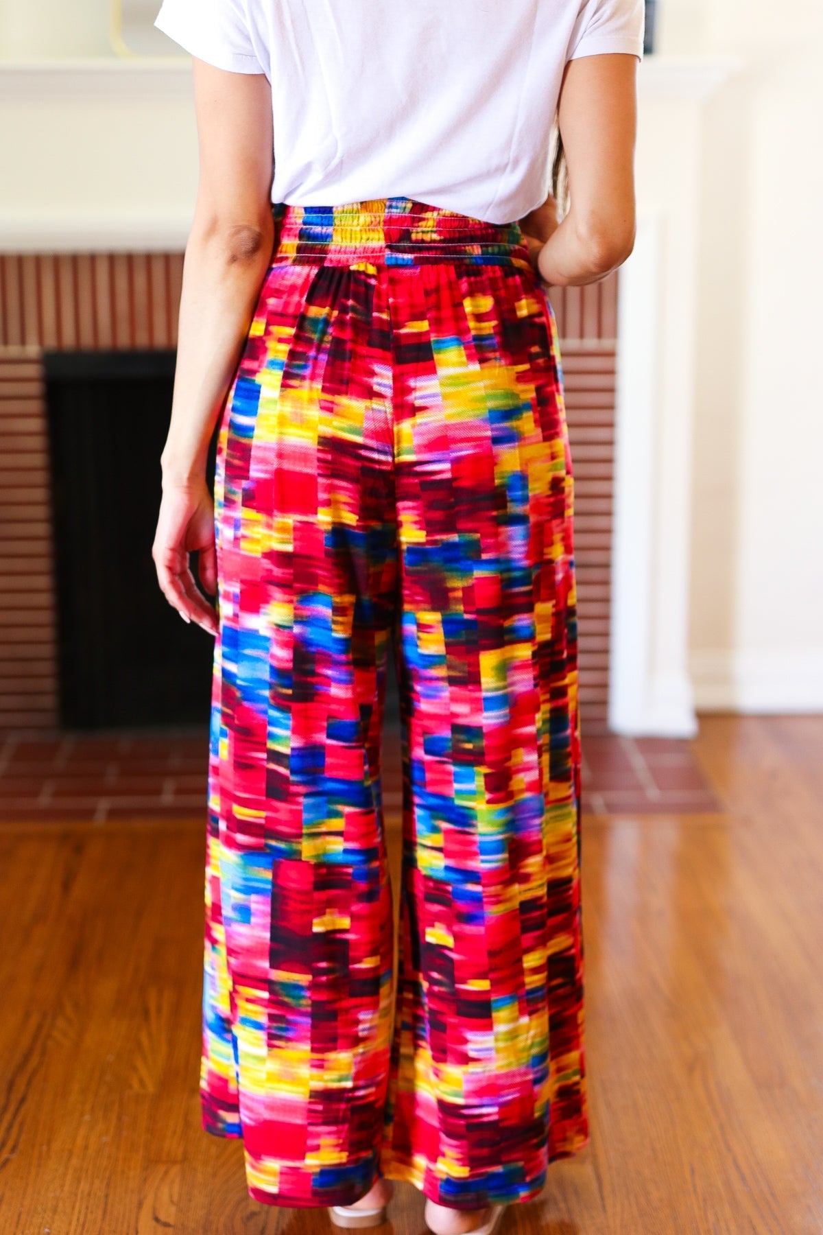Vacay Vibes Kaleidoscope Smocked Waist Side Slit Palazzo Pants (Open Pack)