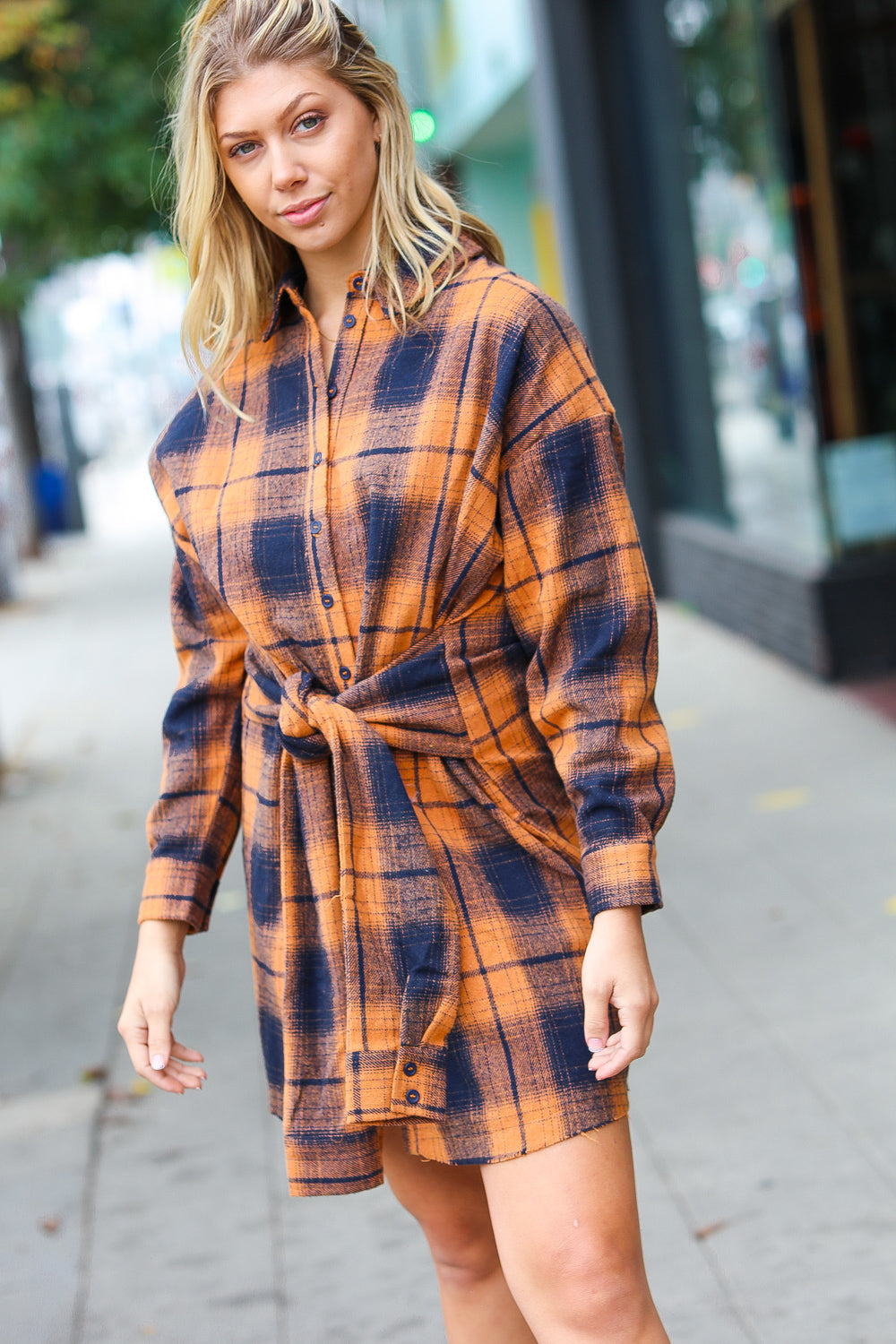 Diva Dreams Navy & Rust Plaid Flannel Button Down Waist Tie Dress (Open Pack)