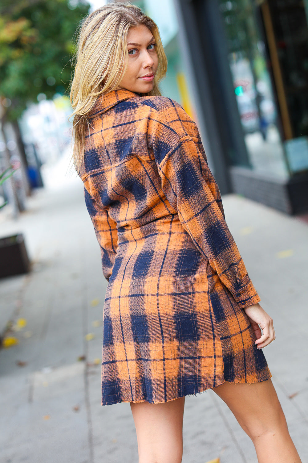 Diva Dreams Navy & Rust Plaid Flannel Button Down Waist Tie Dress (Open Pack)
