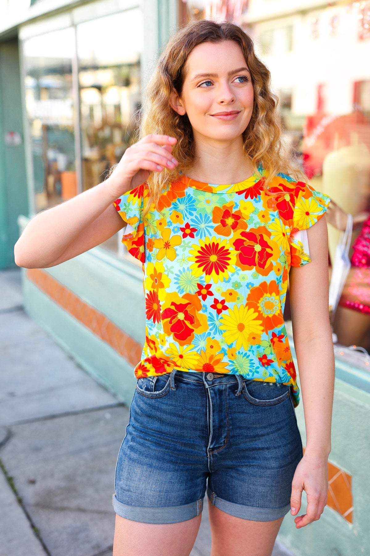 Yellow & Red Floral Flutter Sleeve Top (Open Pack)