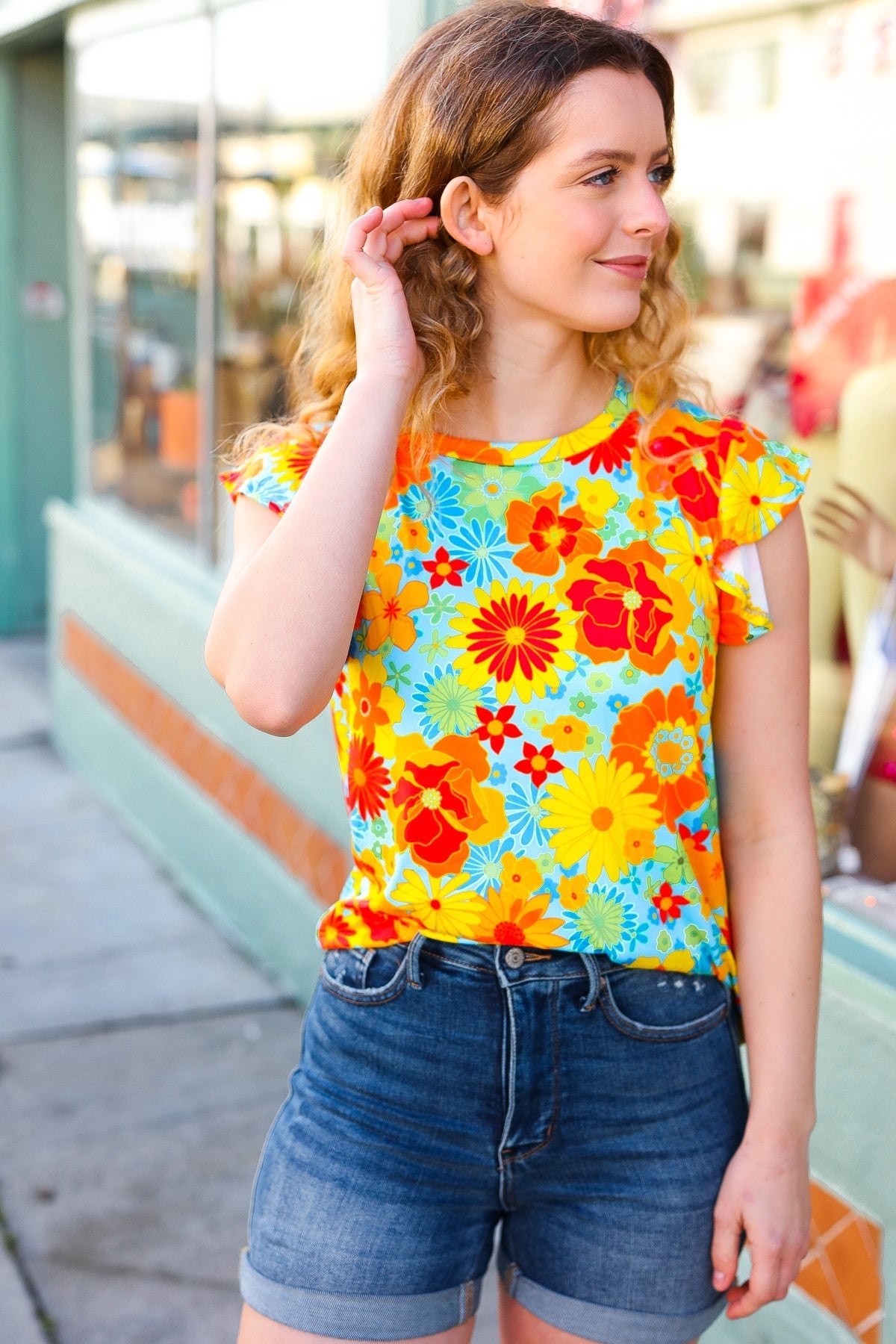 Yellow & Red Floral Flutter Sleeve Top (Open Pack)
