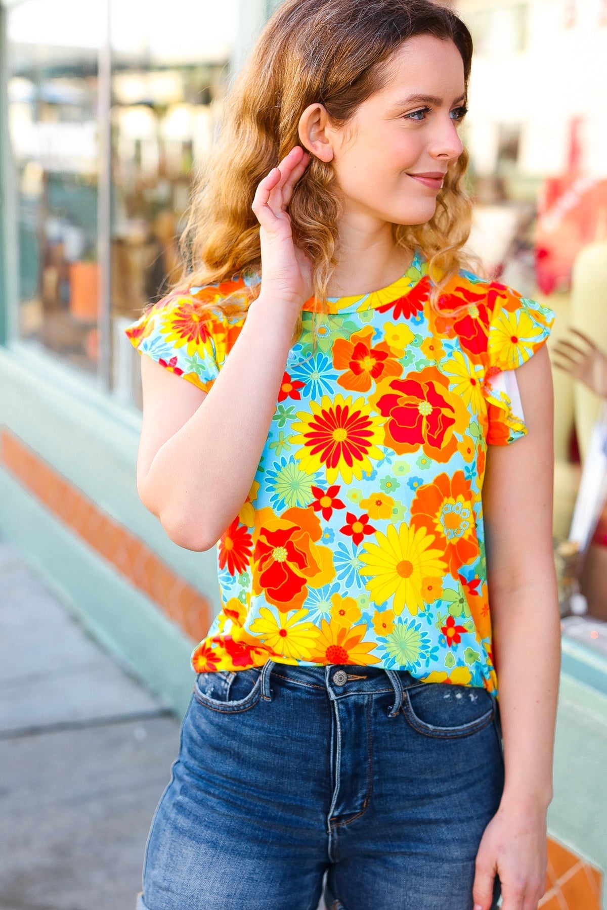 Yellow & Red Floral Flutter Sleeve Top (Open Pack)