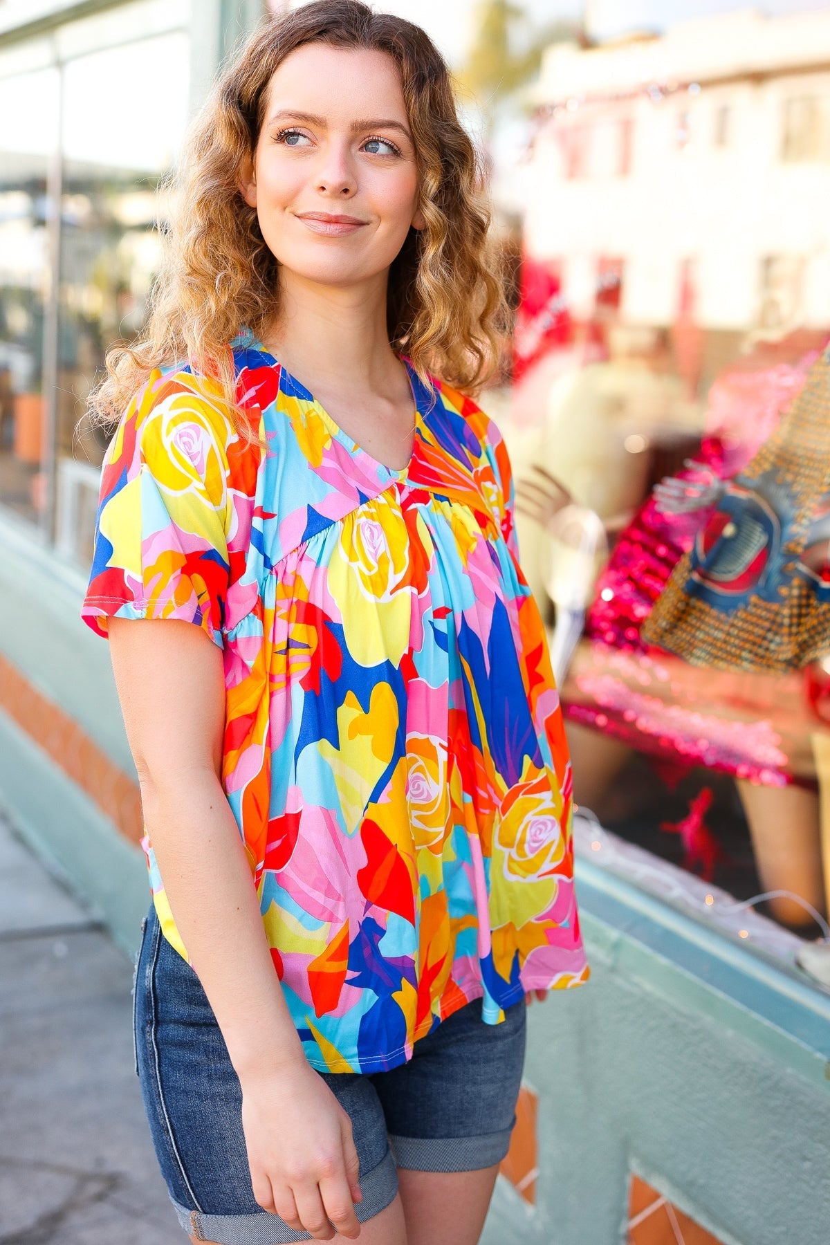 Orange & Yellow Geometric Floral V Neck Dolman Top (Open Pack)