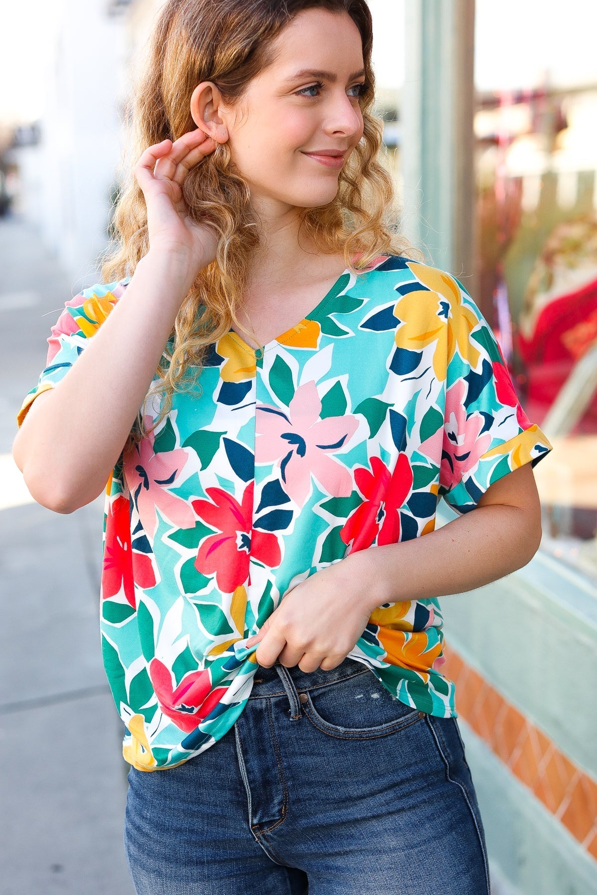 Teal & Coral Flat Floral V Neck Top (Open Pack)