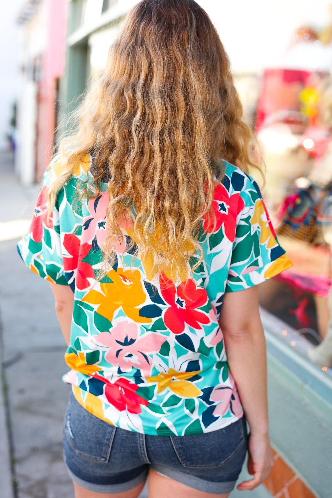 Teal & Coral Flat Floral V Neck Top (Open Pack)