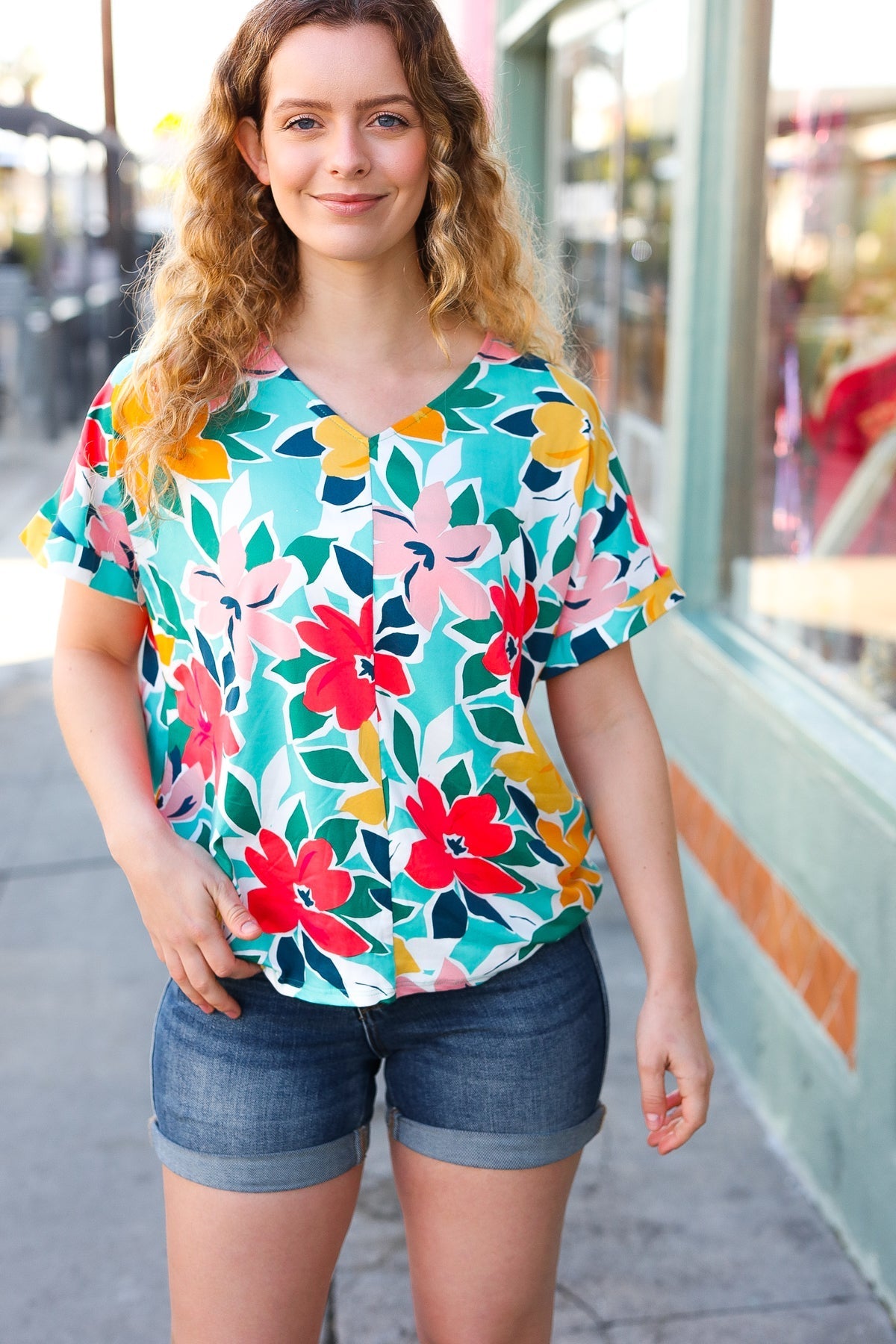 Teal & Coral Flat Floral V Neck Top (Open Pack)