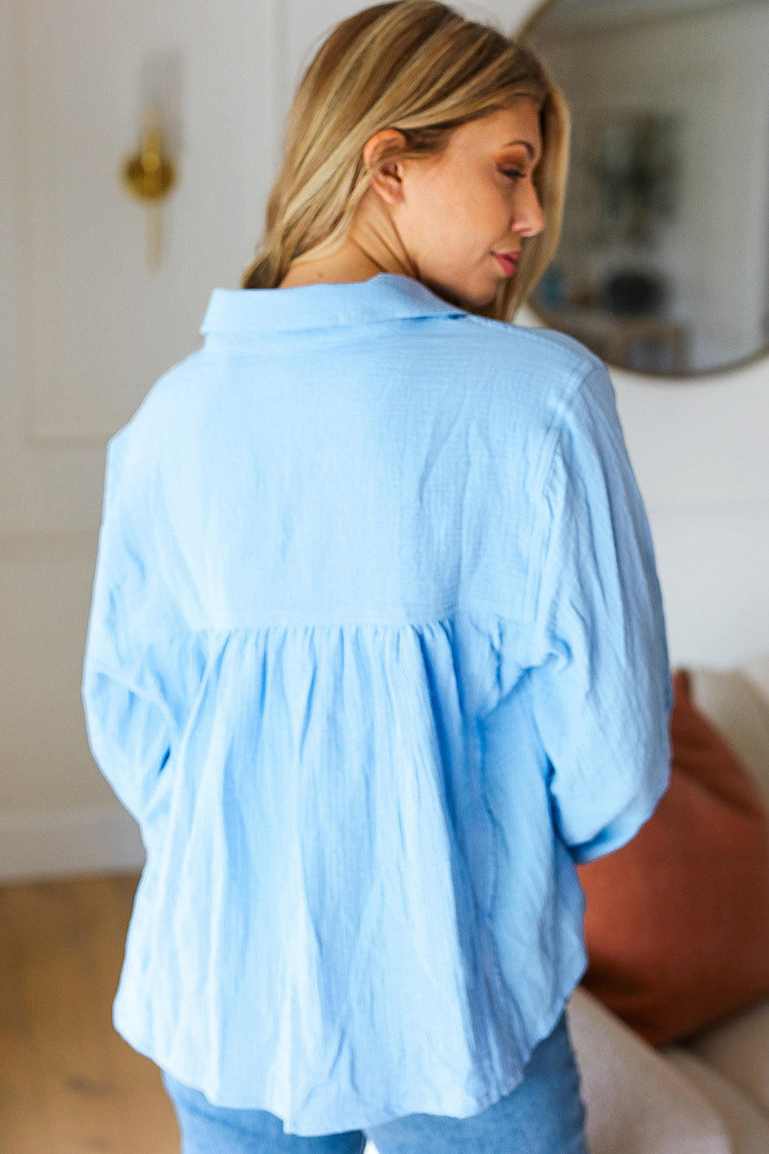 All Of Me Blue Collared Notched Neckline Cotton Top (Open Pack)