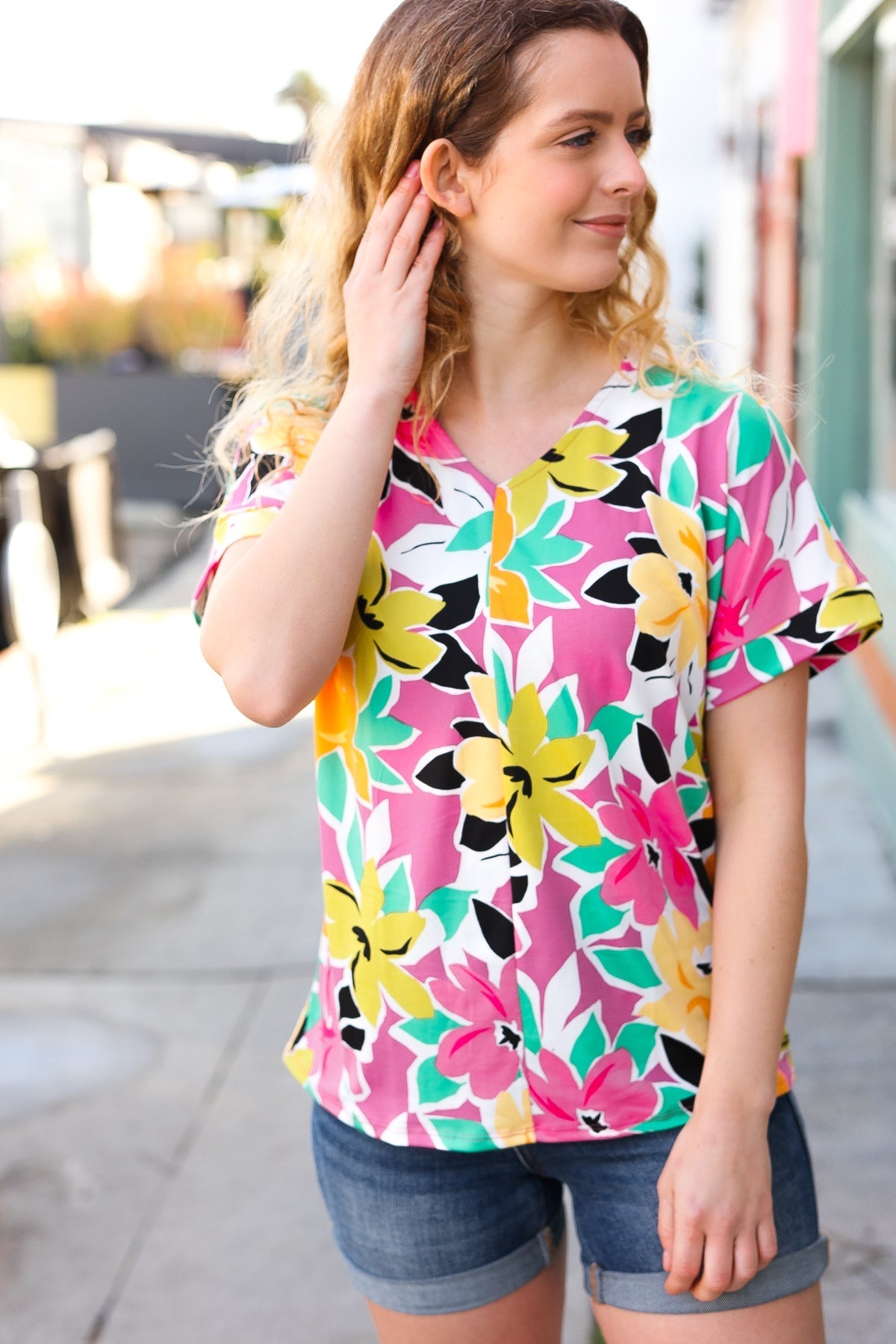 Fuchsia & Emerald Flat Floral V Neck Top (Open Pack)