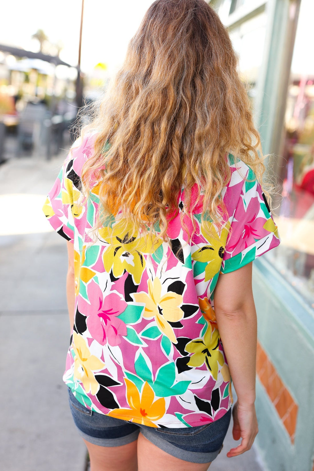 Fuchsia & Emerald Flat Floral V Neck Top (Open Pack)