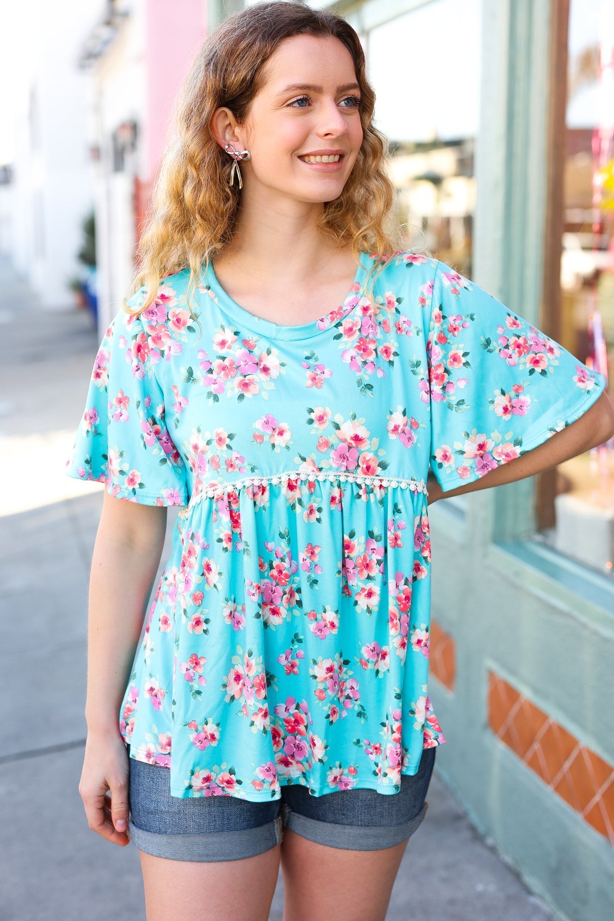Sky Blue Three-Quarter Sleeve Floral Peplum Babydoll Top (Open Pack)