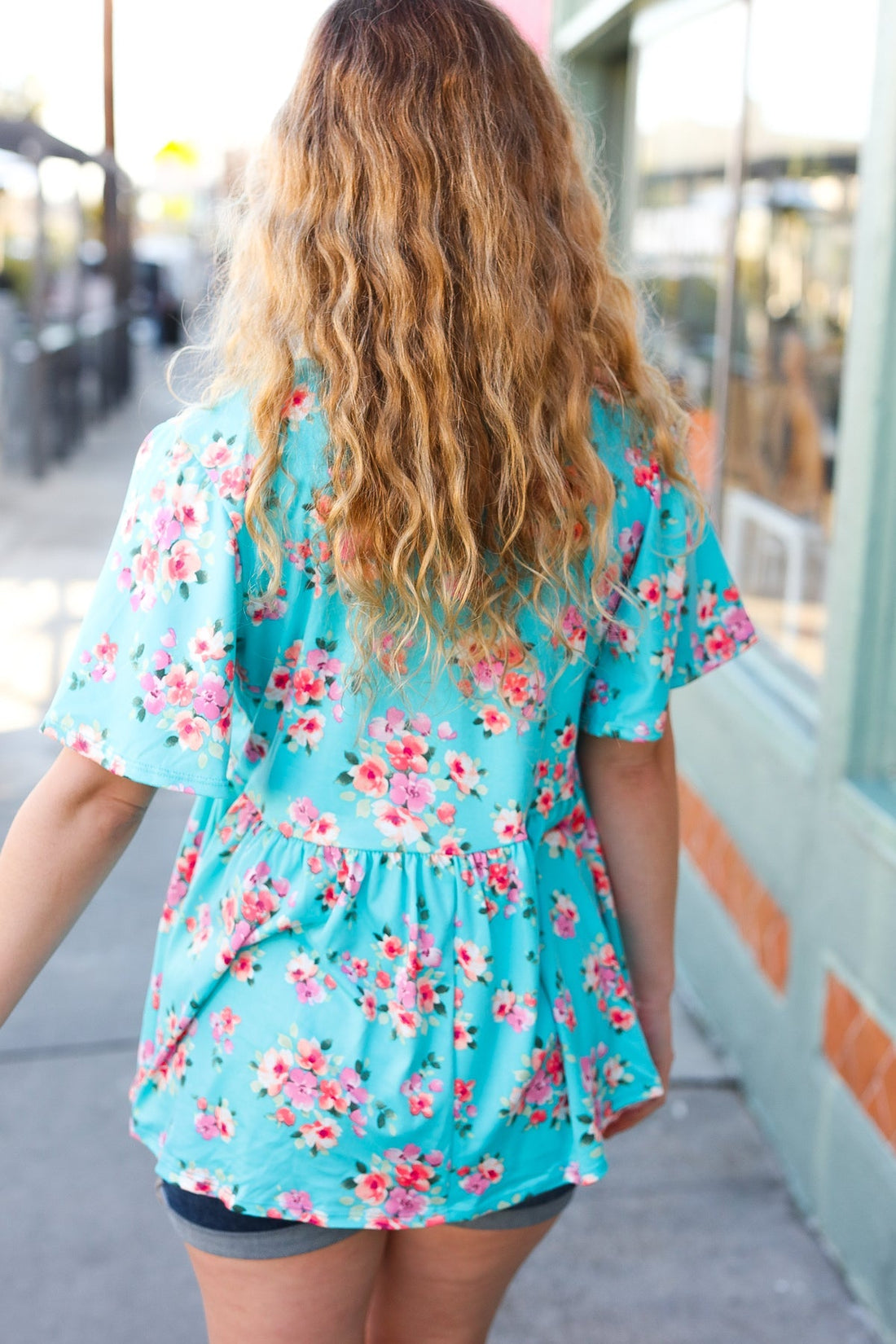 Sky Blue Three-Quarter Sleeve Floral Peplum Babydoll Top (Open Pack)