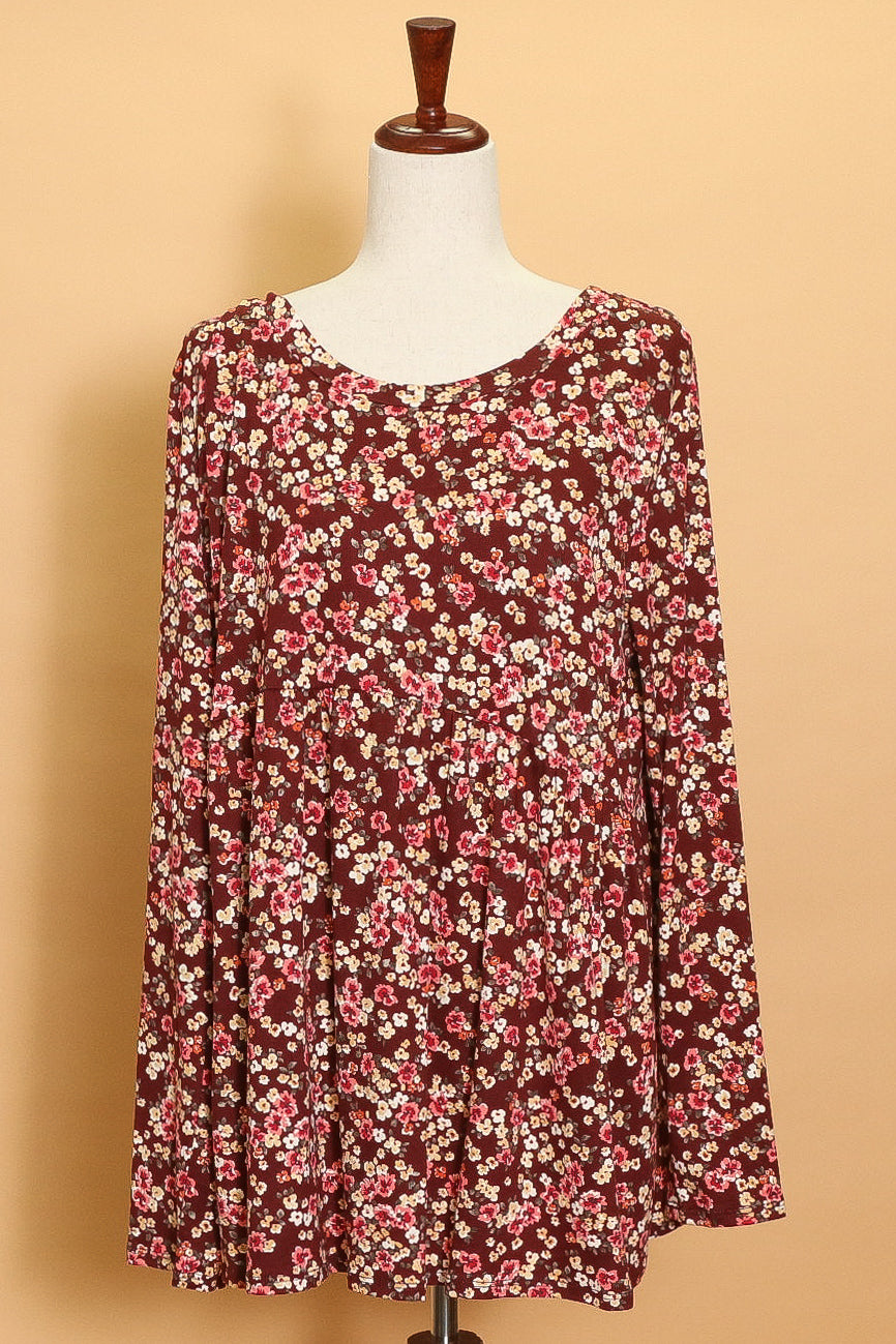Plus Wine Floral Babydoll Blouse (5pc)
