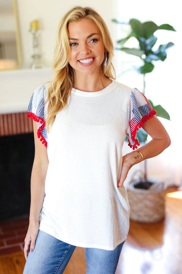 Patriotic Pom Pom Lace Flutter Sleeve Top (Open Pack)