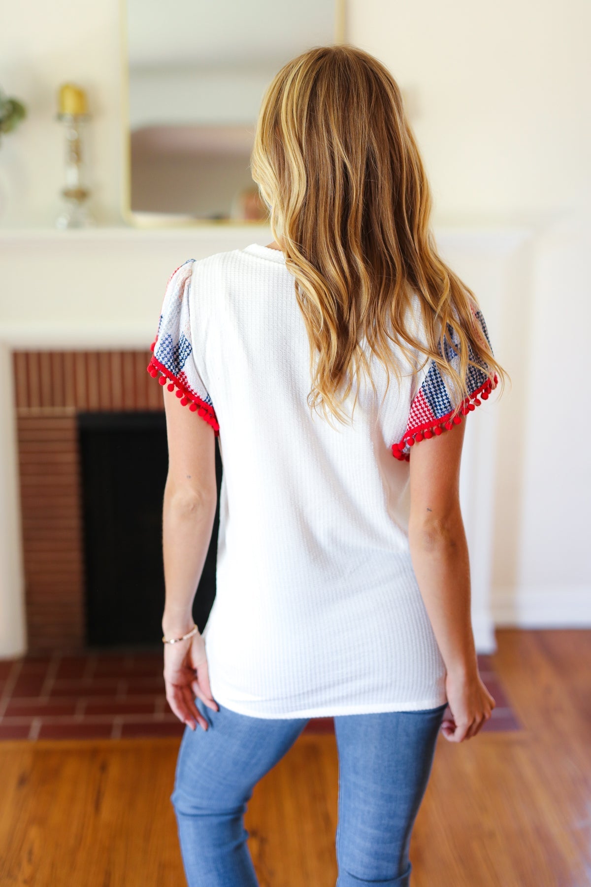 Patriotic Pom Pom Lace Flutter Sleeve Top (Open Pack)