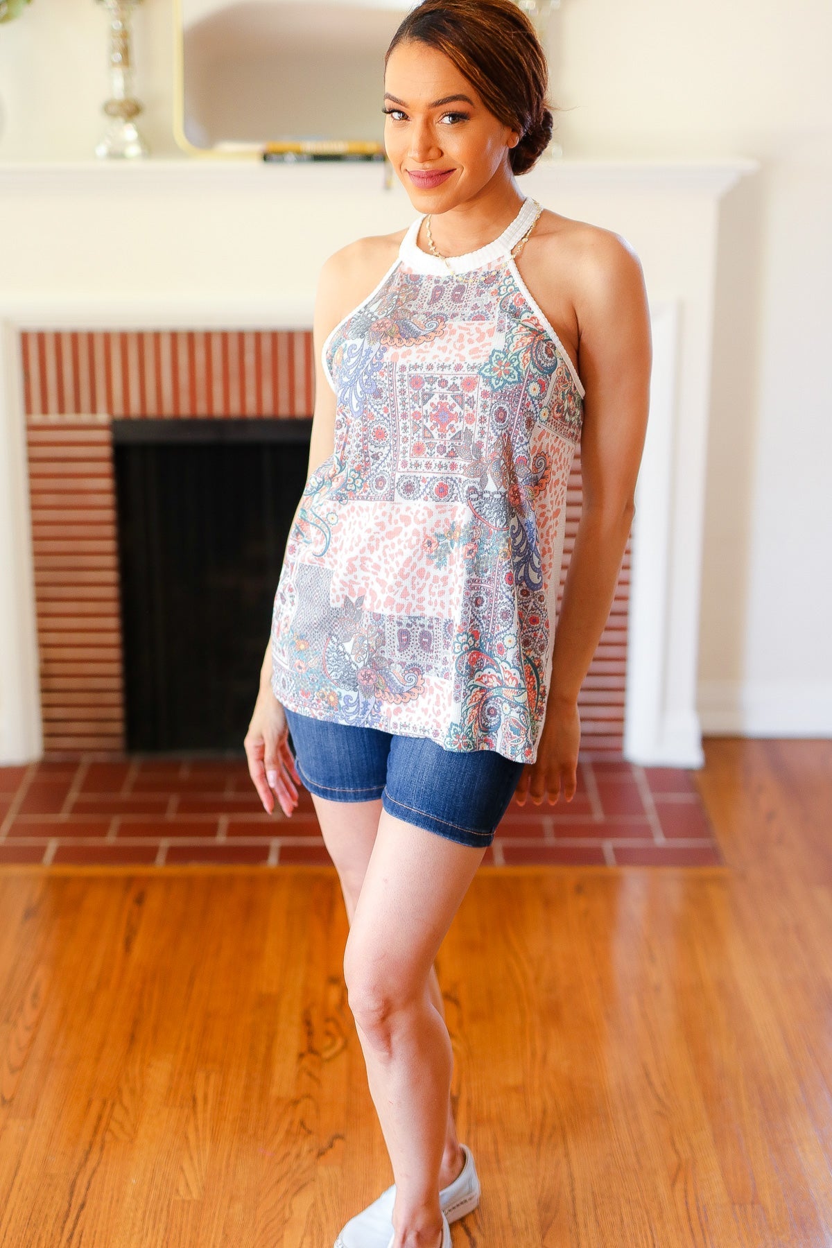 Cream Boho Paisley Thermal Halter Top (Open Pack)