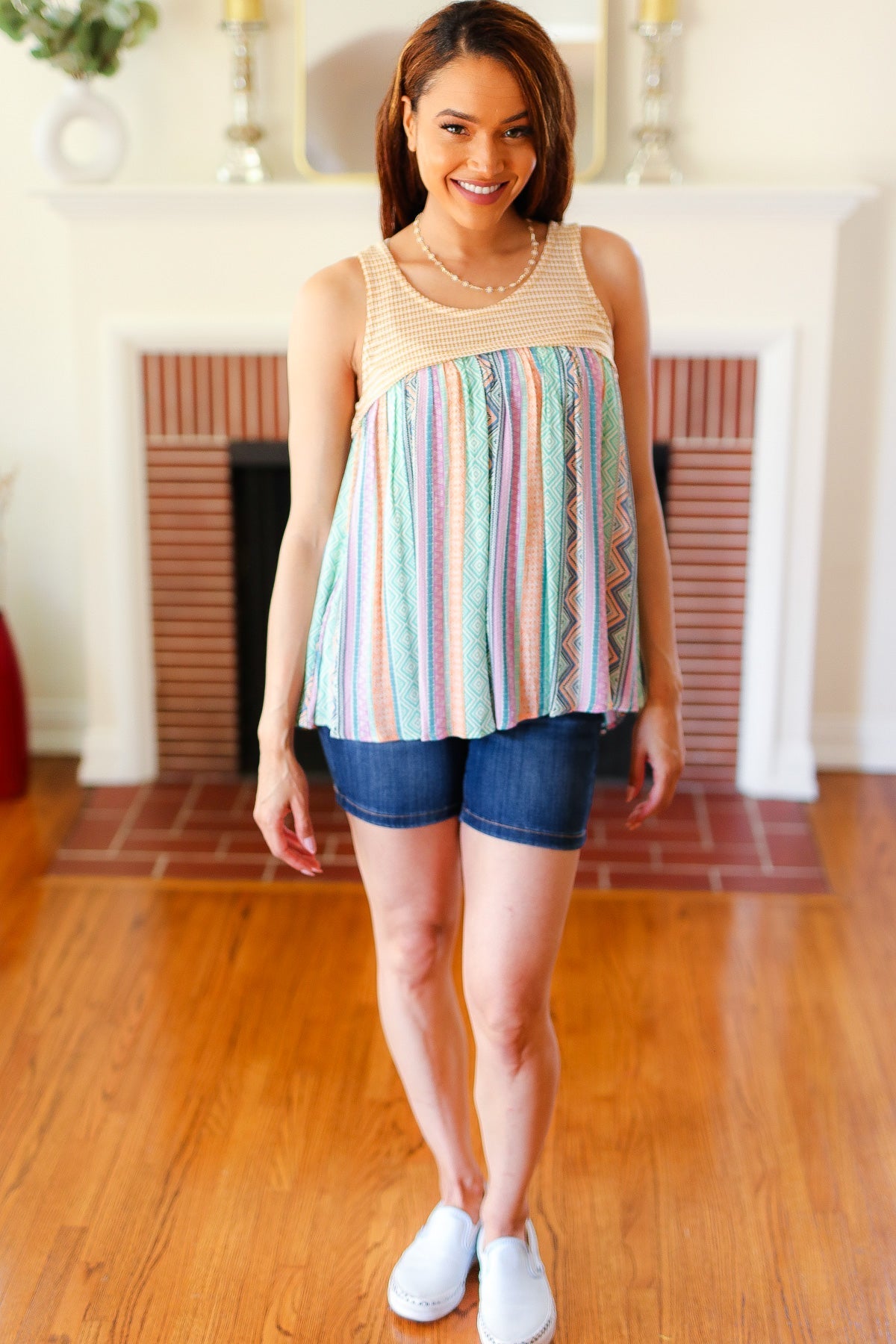 Mustard Two-Tone Boho Print Back Tie Tank (Open Pack)