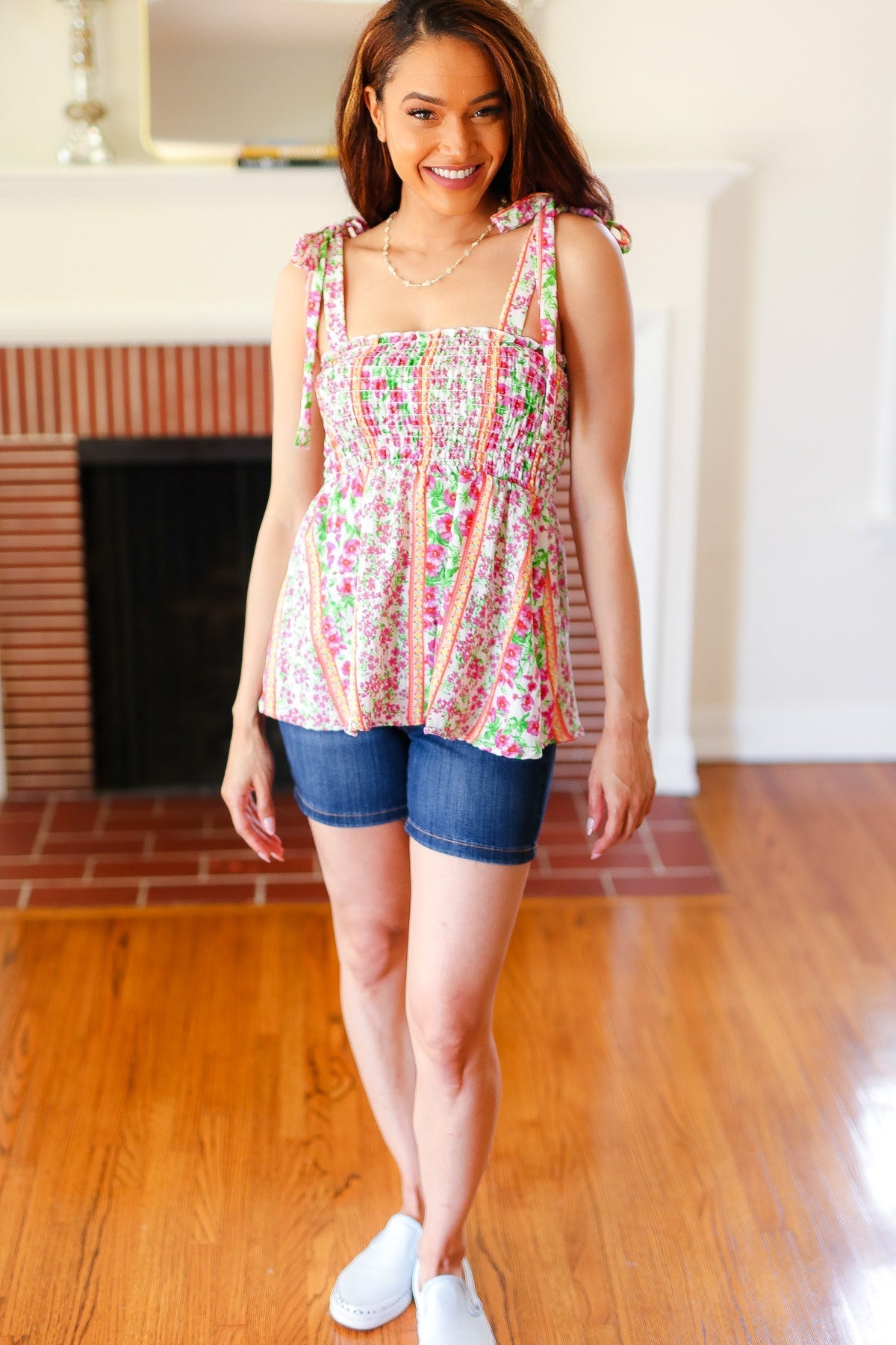 Summer Days Ivory & Fuchsia Floral Smocked Shoulder Tie Top (Open Pack)