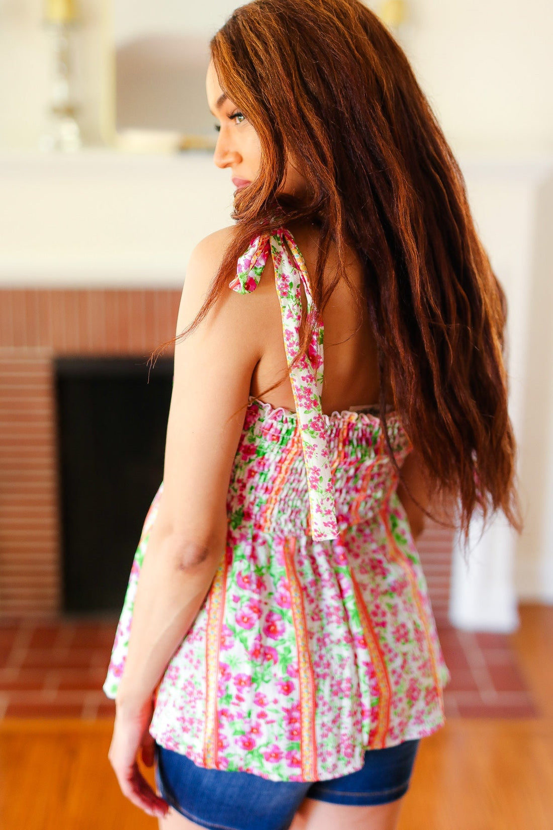 Summer Days Ivory & Fuchsia Floral Smocked Shoulder Tie Top (Open Pack)