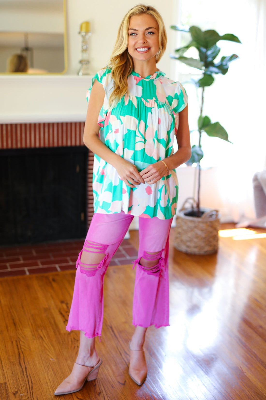 Feeling Joyful Aqua Floral Mock Neck Flutter Sleeve Top (Open Pack)