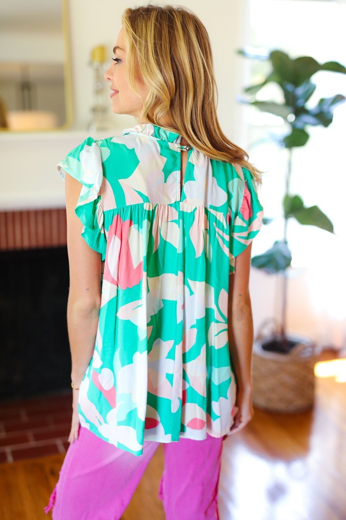 Feeling Joyful Aqua Floral Mock Neck Flutter Sleeve Top (Open Pack)
